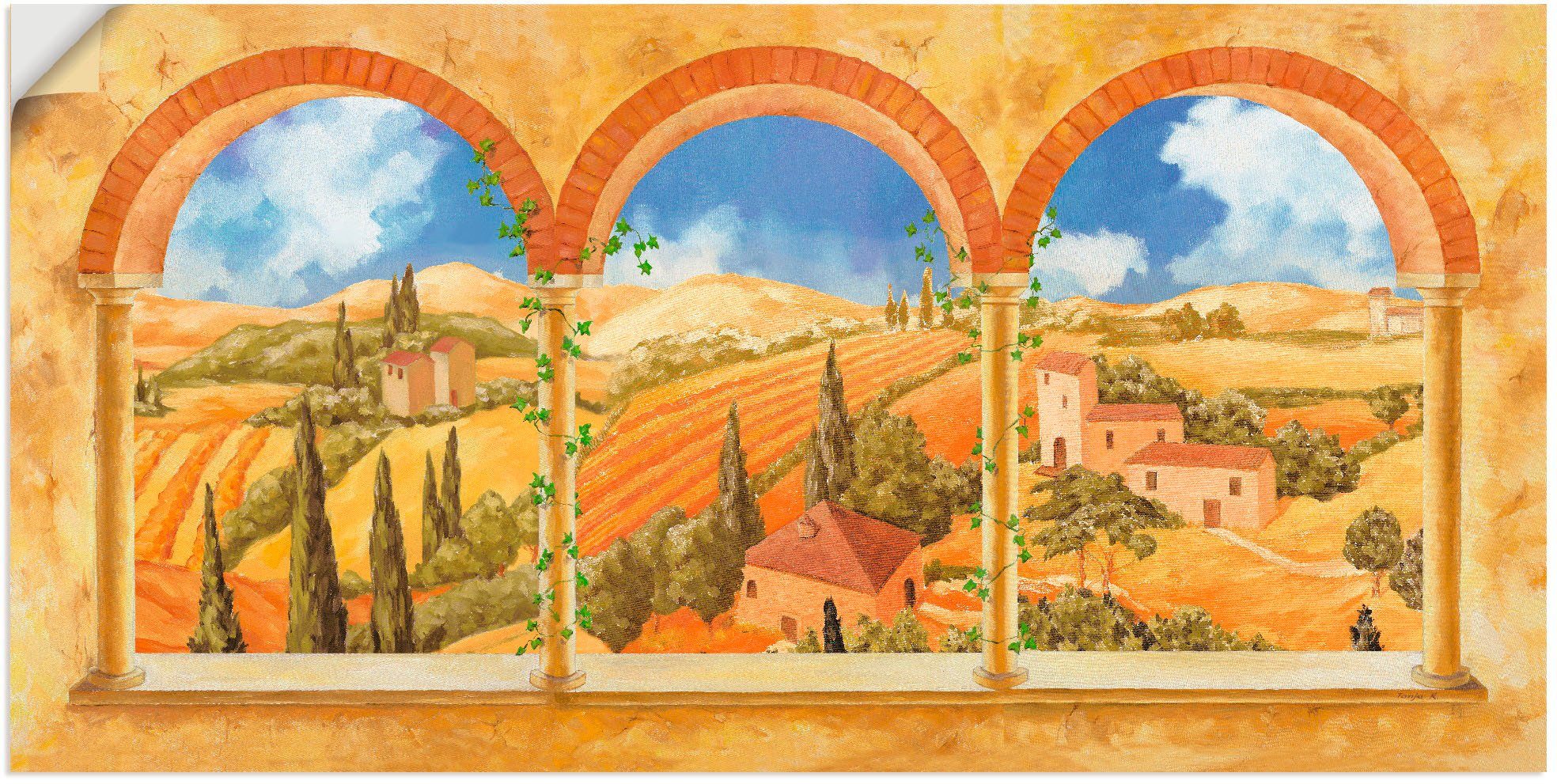 Artland Wandbild Drei Torbögen mit Blick in die Toskana, Fensterblick (1 St), als Alubild, Leinwandbild, Wandaufkleber oder Poster in versch. Größen
