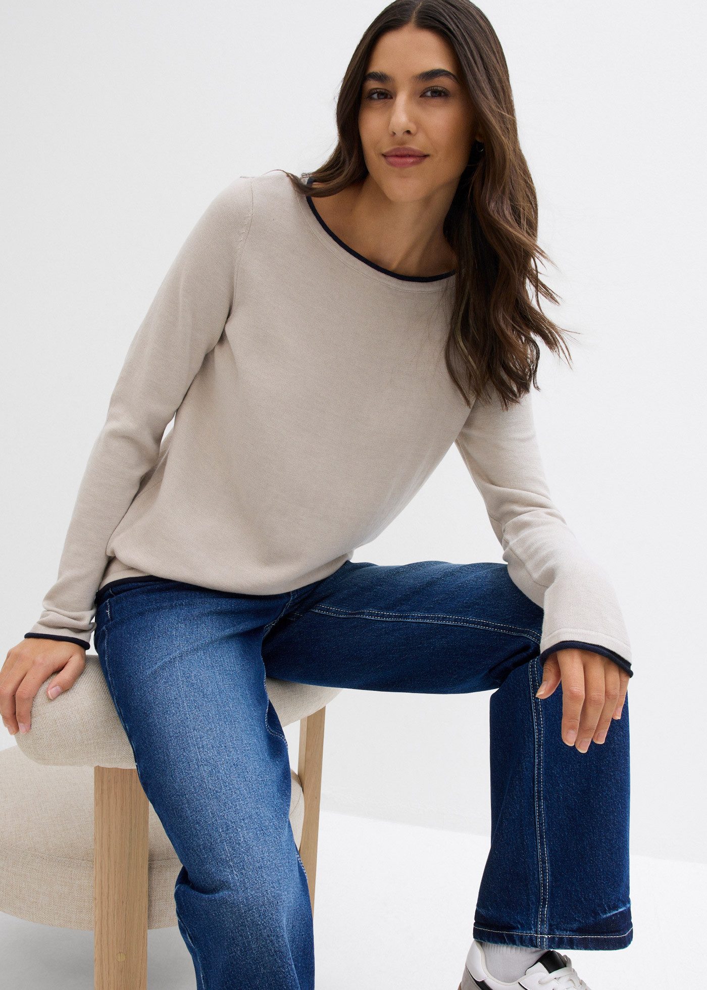 bonprix Strickpullover weiches Material, mit kontrastfarbiger Rollkante günstig online kaufen