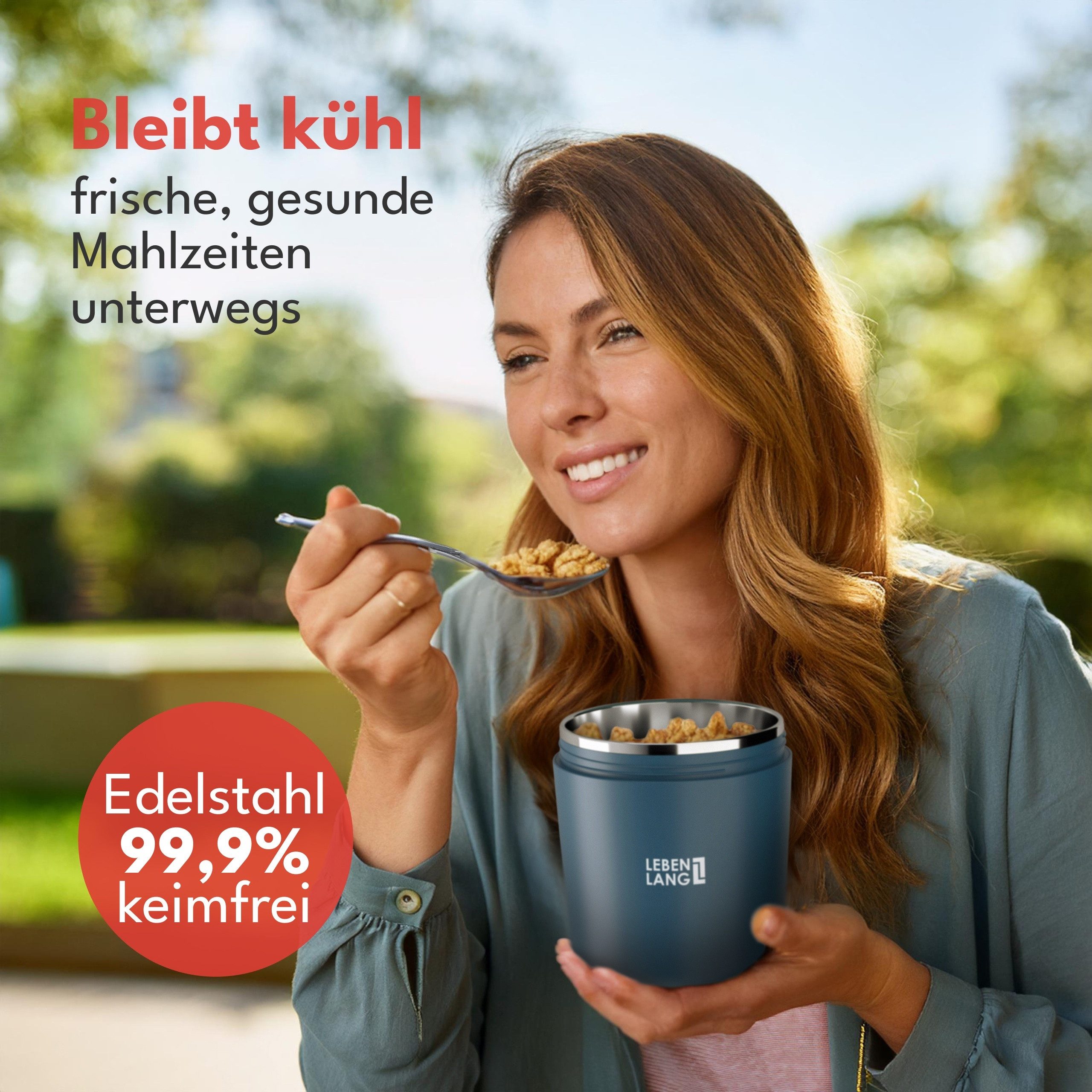 Lebenlang Aufbewahrungsbecher Müslibecher, Isolierende Edelstahlinnenwand, ToGo mit Löffel & 650ml, Edelstahl/Kunststoff, (500ml Becher, 150ml Aufsatz, Drehvershluss, faltbarer Löffel), Auslaufsicher & Perfekt für Schule, Kita, Büro oder Uni