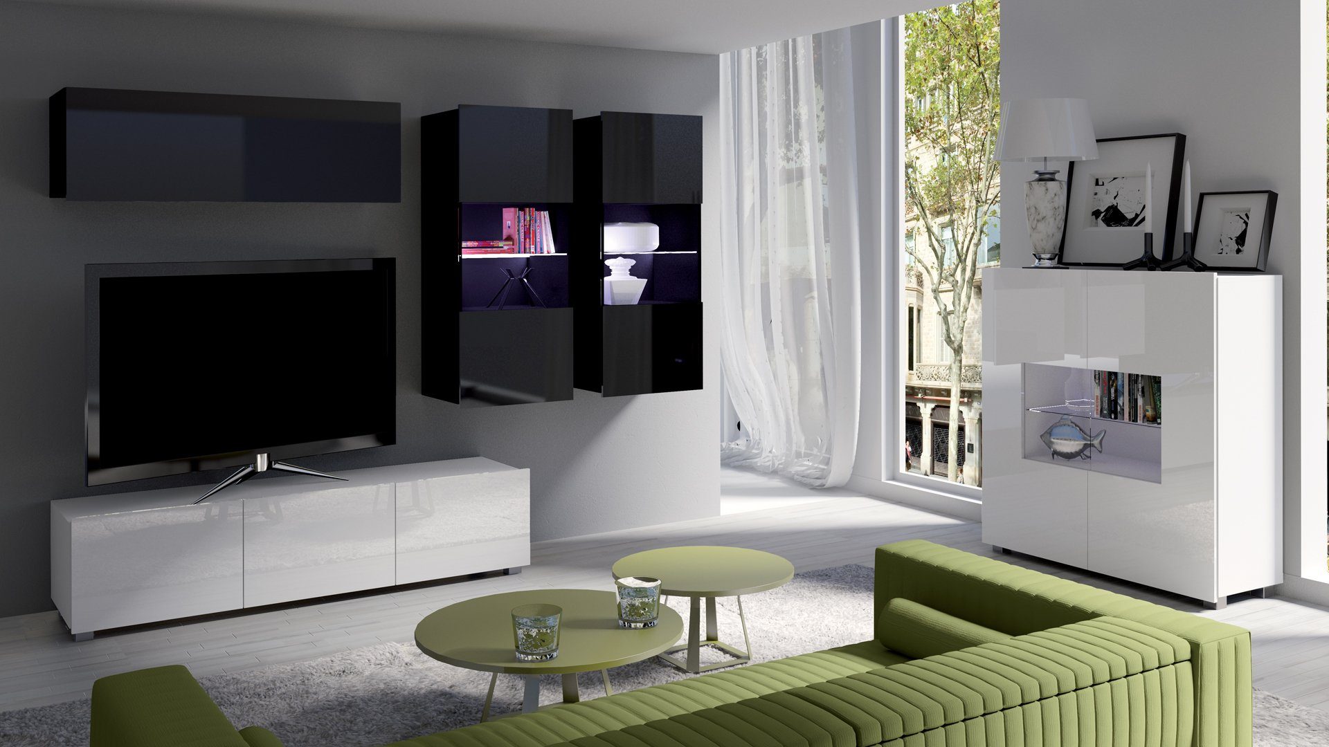 Stylefy Wohnwand Bietula, (Set (5-St), Wohnmöbel), 5-teilig, wahlweise mit LED-Beleuchtung, FSC-Zertifizierung, Modern Design, variabel stellbar Weiß Hochglanz - Schwarz Hochglanz
