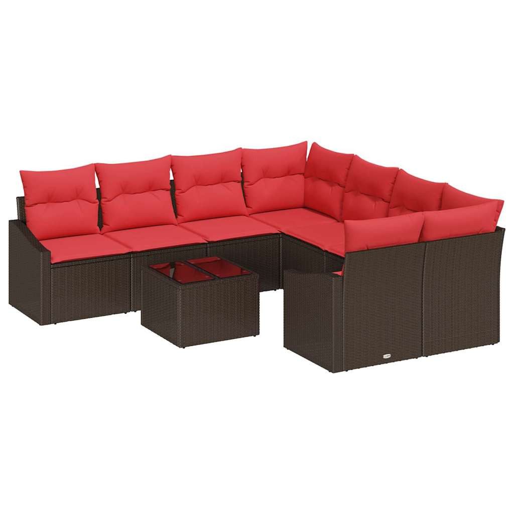 vidaXL Loungesofa Sofa Set 9 stk. 3-Sitzanzahl Braun und Rot Poly Rattan, 9 Teile