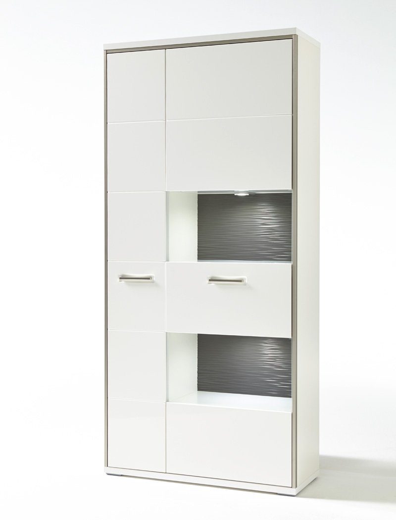expendio Wohnzimmer-Set Travis 144, (Spar-Set, 4x 7-St), + Softclose LED weiß Kunstleder + schwarz Stuhl Hochglanz montiert