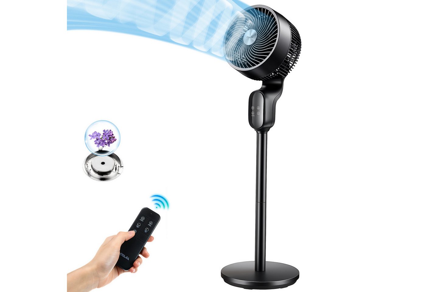 oyajia Standventilator mit Fernbedienung, 3D-Oszillation Luftzirkulator, 8 Geschwindigkeiten, 12H Timer, LED-Display, Ventilator mit Aromapads