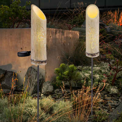 Globo LED Solarleuchte, LED-Leuchtmittel fest verbaut, 2er Set LED Solar Steck Leuchte Bambus Garten Deko Strahler Dekor