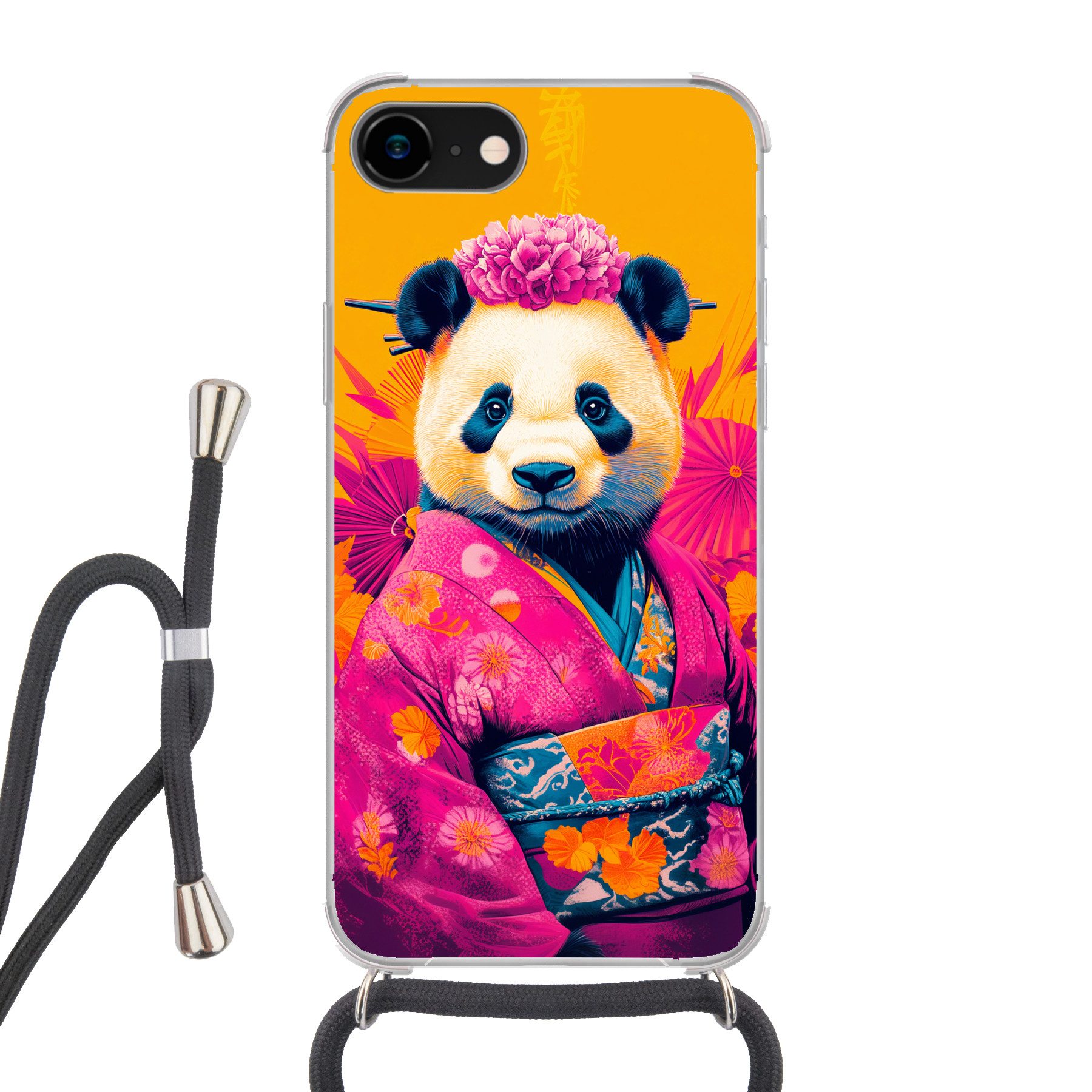 MuchoWow Handyhülle für Apple iPhone SE 2020 Kimono - Rosa - Panda - Blumenkrone, Tragbare Handyhüllen mit Kette zum umhängen, Handykette Handyband