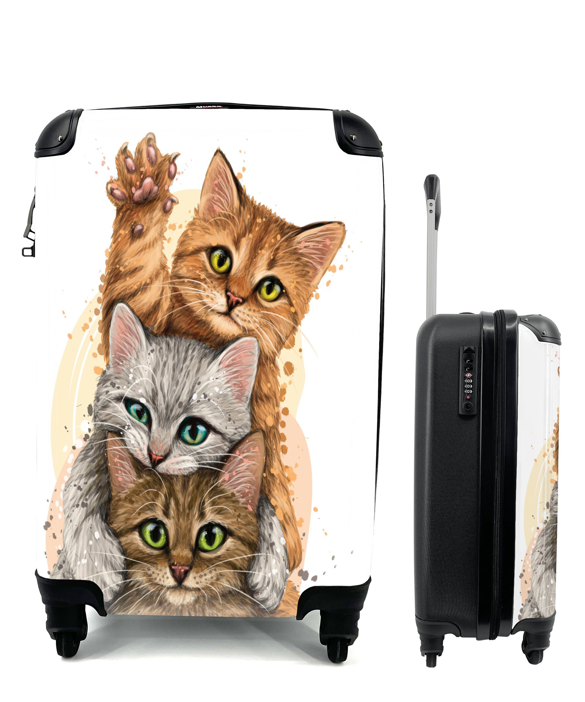 MuchoWow Handgepäckkoffer Katzen - Illustration - Haustiere - Katze, 4 Rollen, Reisetasche mit rollen, Handgepäck für Ferien, Trolley, Reisekoffer