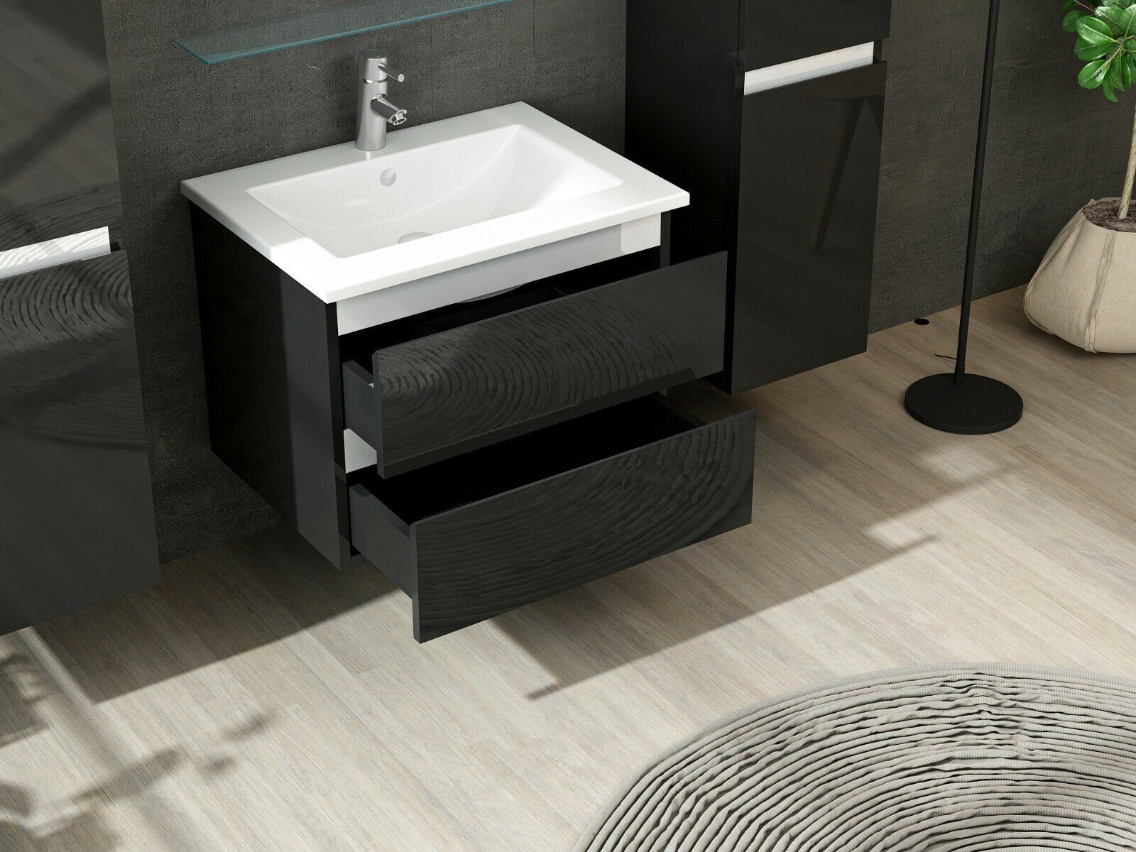 Homeline Badmöbel-Set Deniz und Marcel New in 3 Größen Hochglanz Badmöbel, (Komplettes Badmöbel Set, 6-St., Badmöbel Weiß Hochglanz bis 6 Teilig Badezimmermöbel), Hochglanz Optik Mit 2 Schubladen