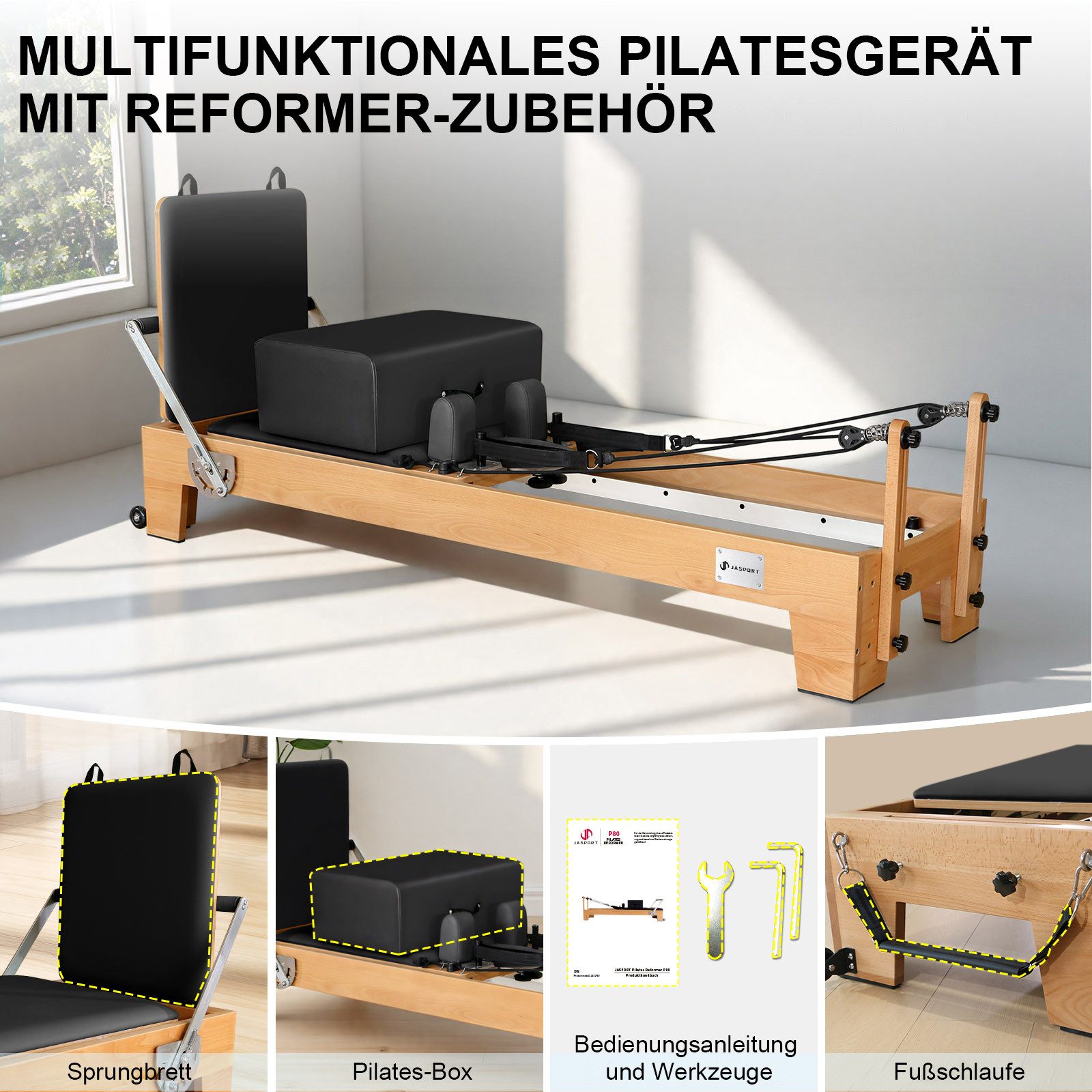 JASPORT Pilates-Reformer P80 aus Buchenholz, 450KG Belastbar, (ausgestattet mit Federn, Sitzbox, Jumpboard und Zubehör), für Studio und Zuhause