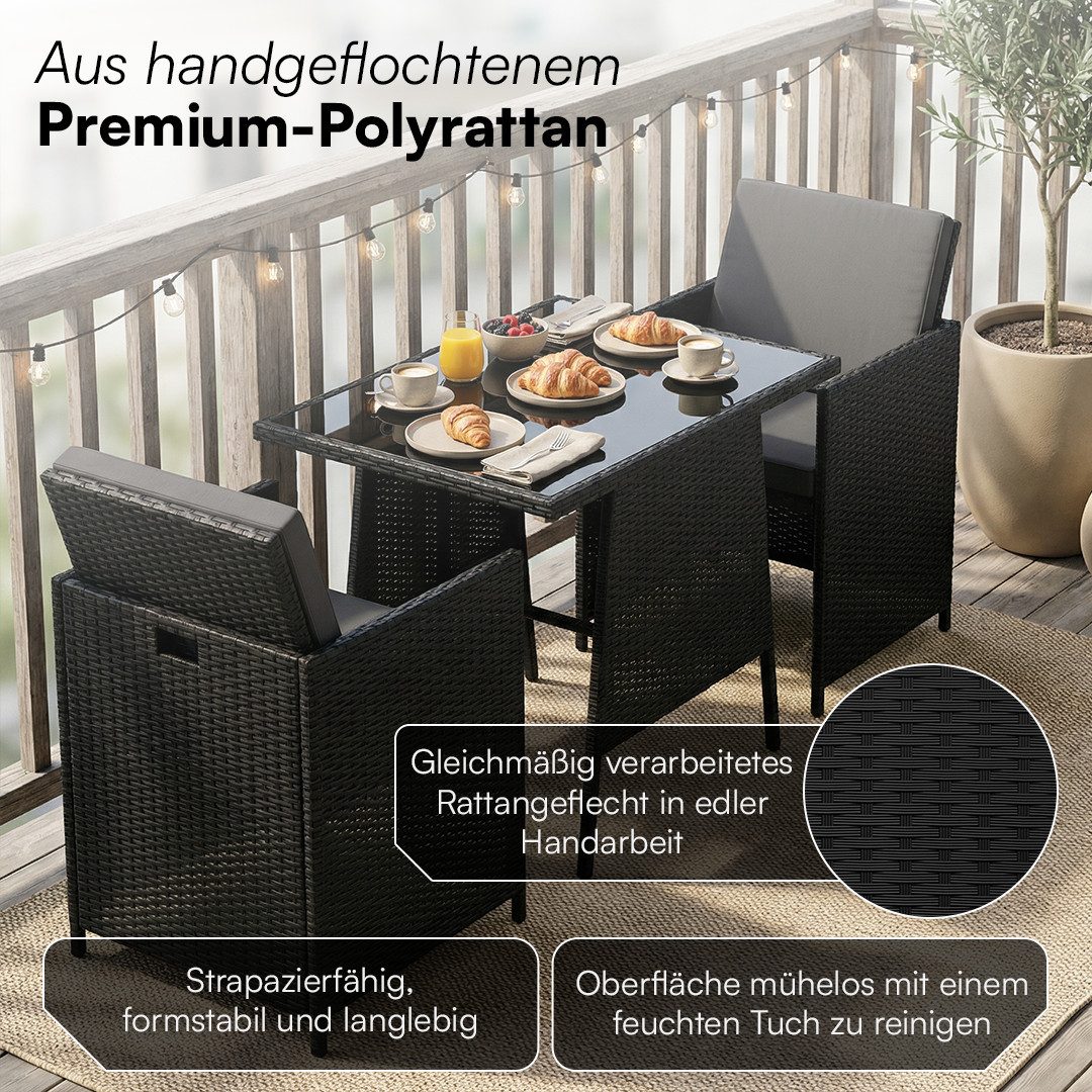 STEELSØN Gartenlounge-Set Xenara mit 2 Stühlen und Tisch, Rattan Sitzgruppe, (3-teilig, schwarz/anthrazit), platzsparend, klappbare Stühle mit Sitzkissen – Bild 3 von 5