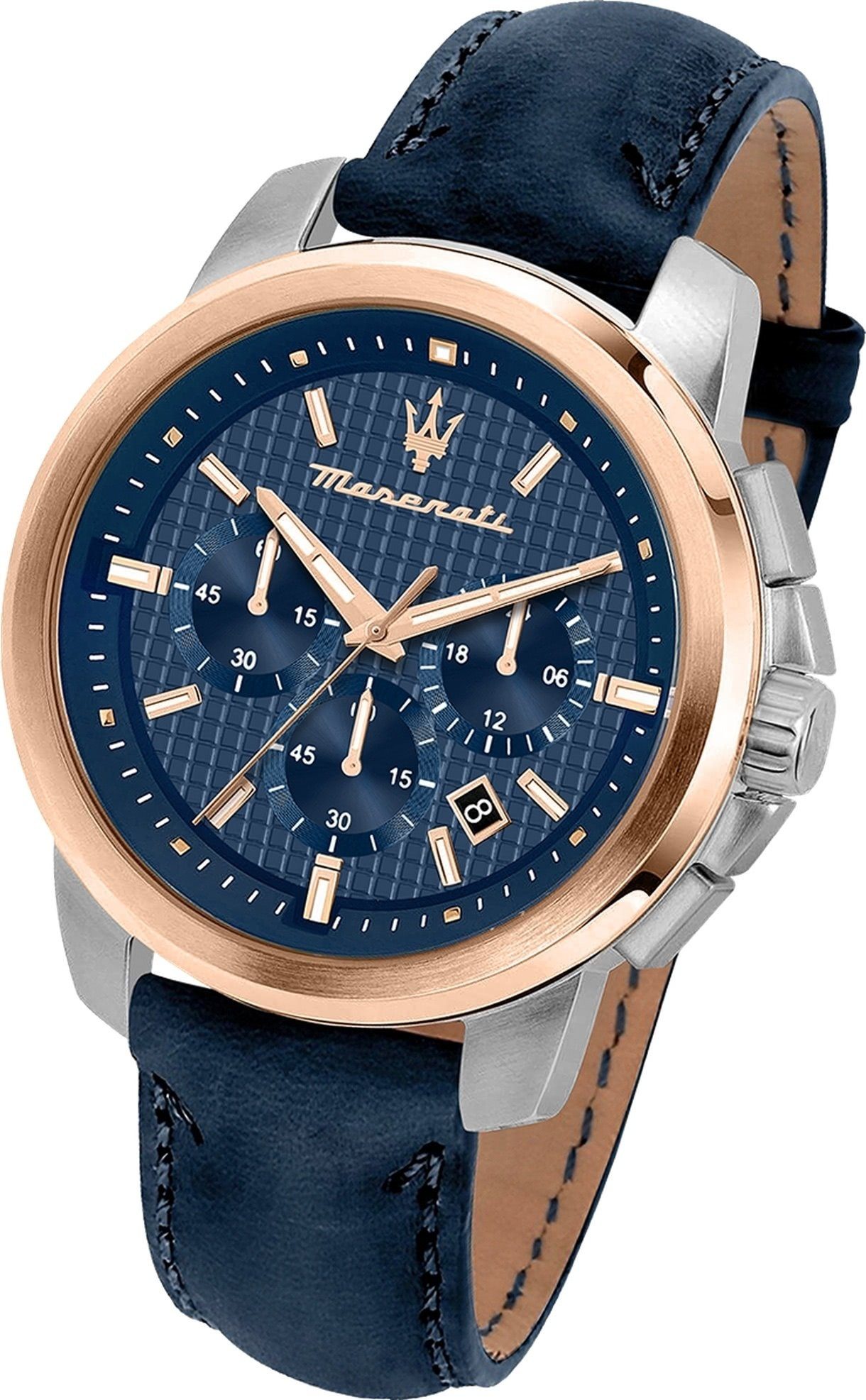 MASERATI Chronograph Maserati Herren Uhr Chronograph, (Chronograph), Herrenuhr rund, groß (ca. 44mm) Lederarmband, Made-In Italy