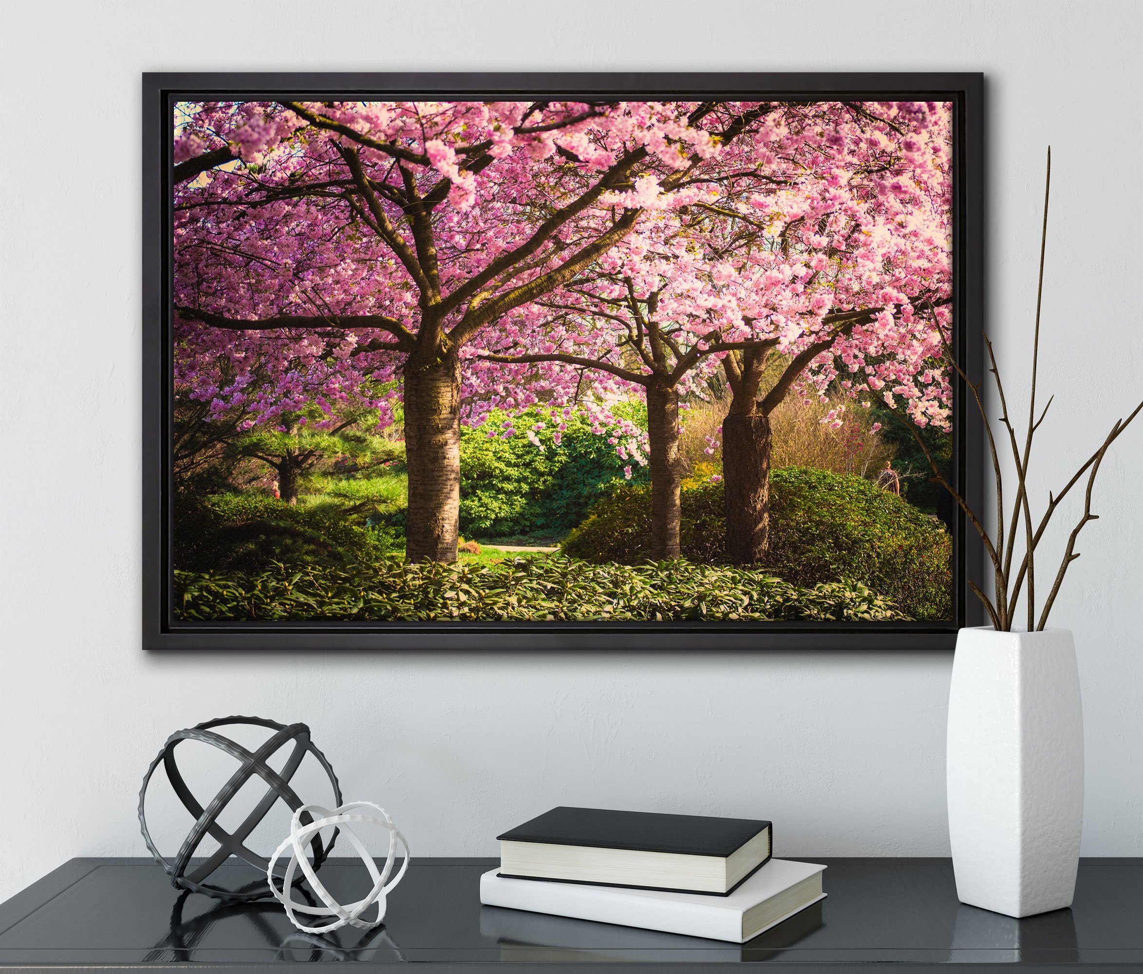 Pixxprint Leinwandbild Rosa gefasst, Leinwandbild (1 blühende Kirschbäume, bespannt, fertig Zackenaufhänger St), in inkl. einem Wanddekoration Schattenfugen-Bilderrahmen
