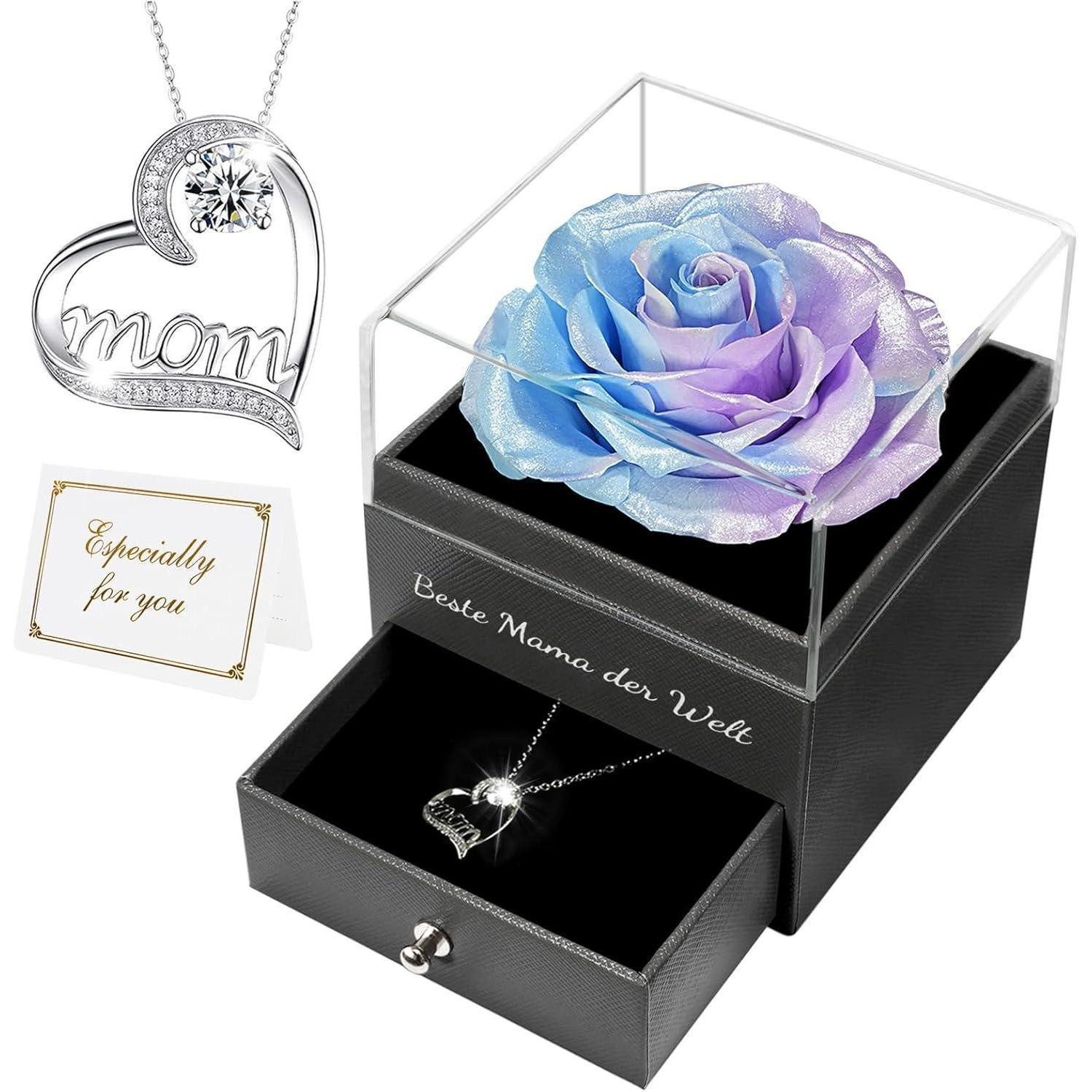 Miofula Ohrring und Ketten Set Muttertag Geschenk: Ewige Rosen mit Halskette, Beste Mama der