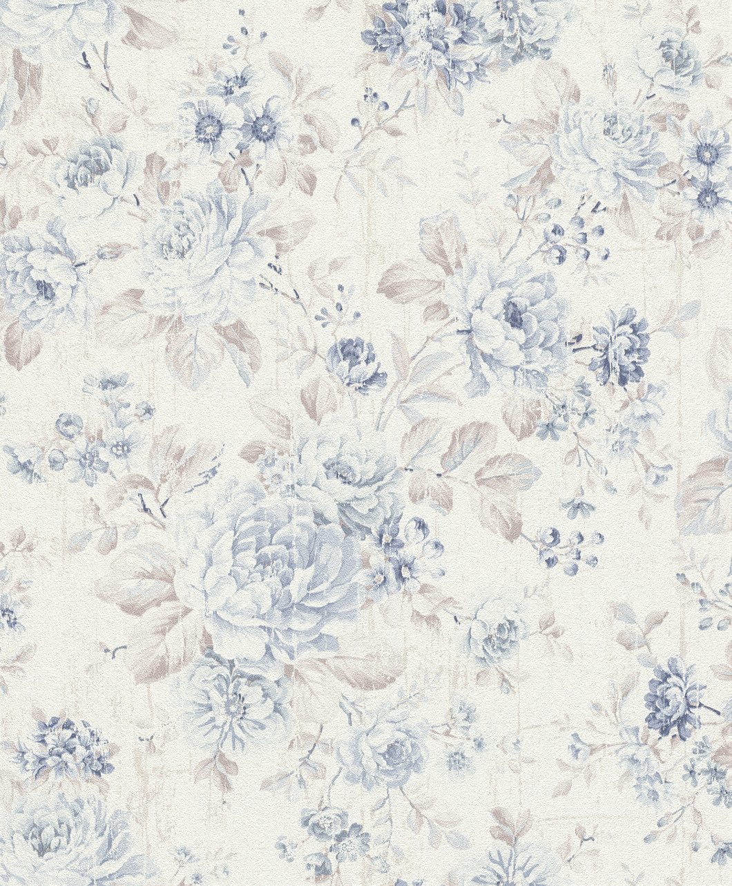 Rasch Vliestapete Blumen & Blüten - Vinyltapete Creme Blau, floral, (1 Rolle, 1 St., 10,05 m x 0,53 m), Lichtbeständige Farben - Feucht abwischbar - Restlost abziehbar