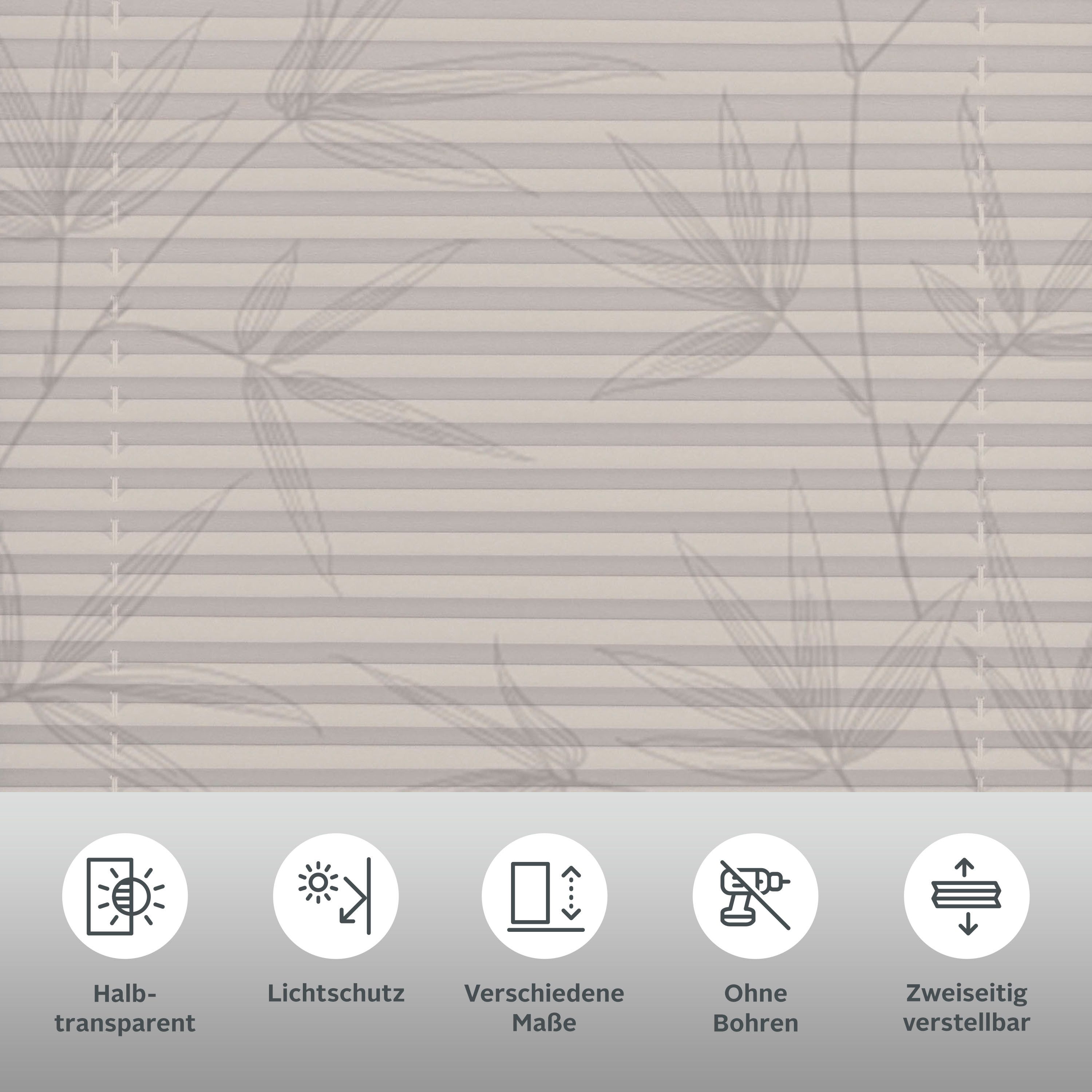 OTTO home Plissee Dekor Bamboo Moonbeam grau, blickdicht, ohne Bohren, verspannt, Klemmfix, Klemmträger mit Feststellschraube, blickdicht