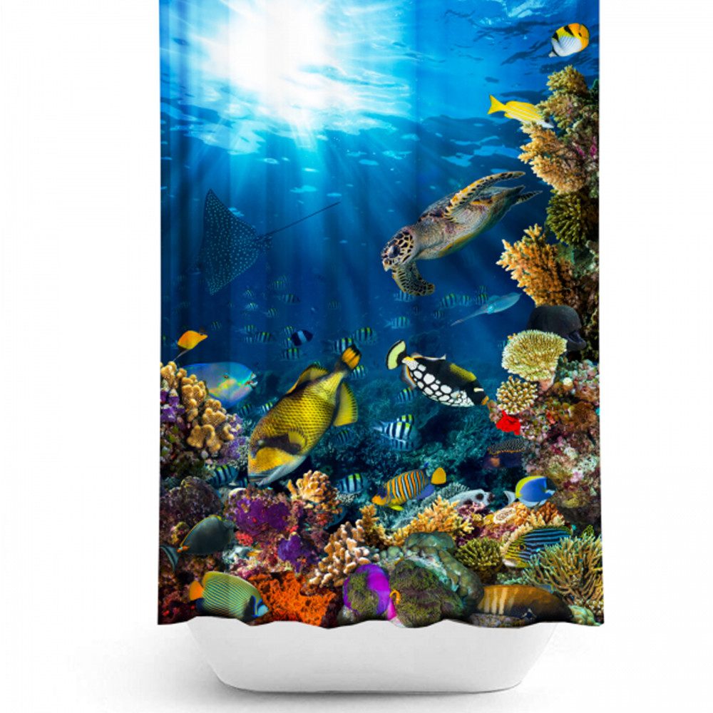 Ekershop Duschvorhang Textil Digitaldruck SEA LIFE AQUARIUM für Duschstange Breite 120 cm (inkl. Ringe), Höhe 200 cm, wasserabweisend, waschbar, bügelbar