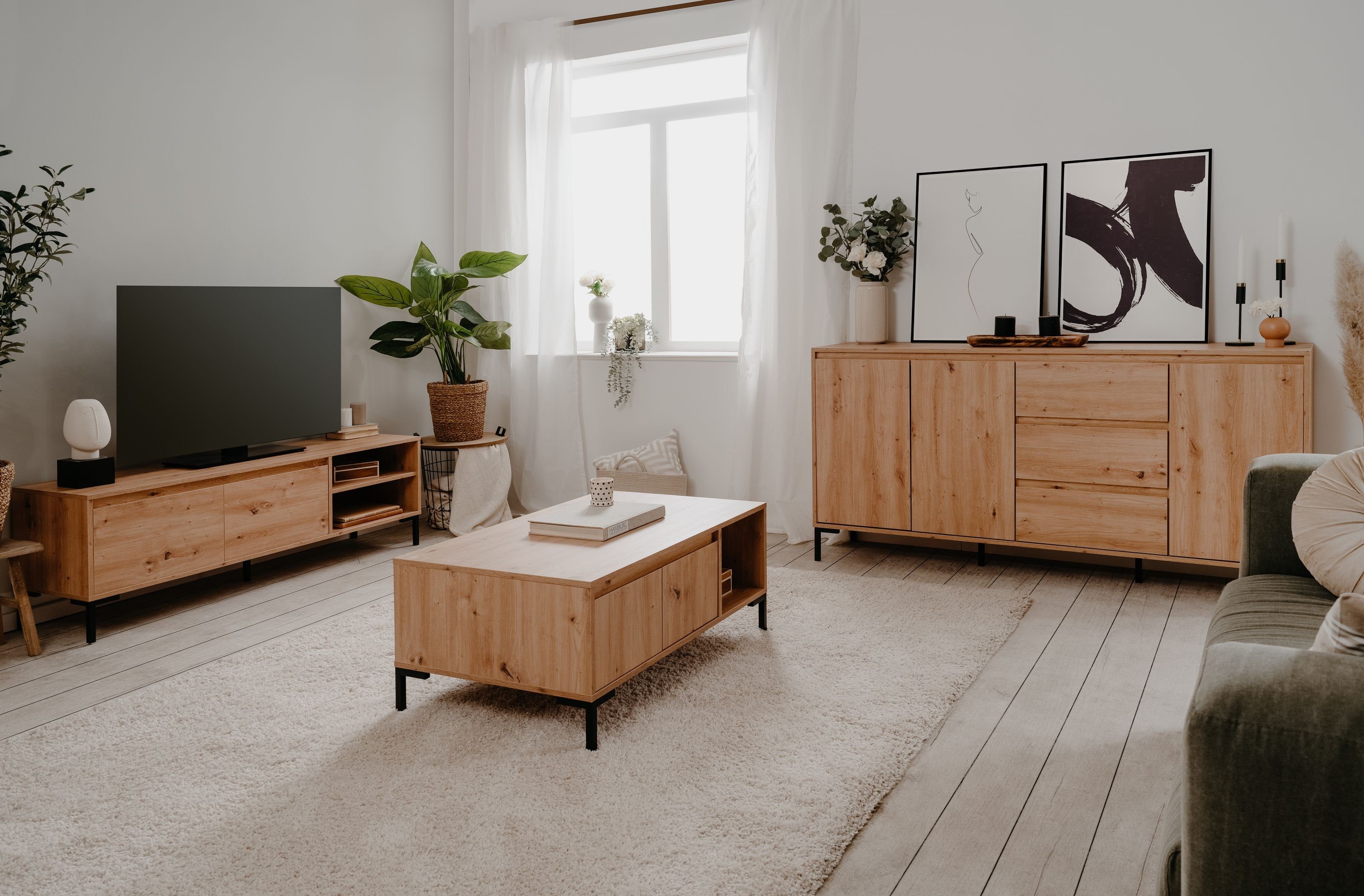 Finori Wohnzimmer-Set in Artisan mit 3 Schubladen und 5 Türen., (3 teilig, 3-St)
