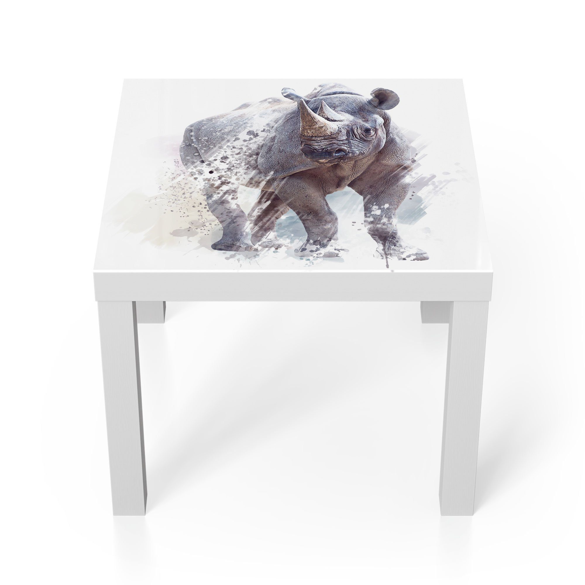 DEQORI Couchtisch 'Nashorn in Aquarell', Glas Beistelltisch Glastisch modern Weiß