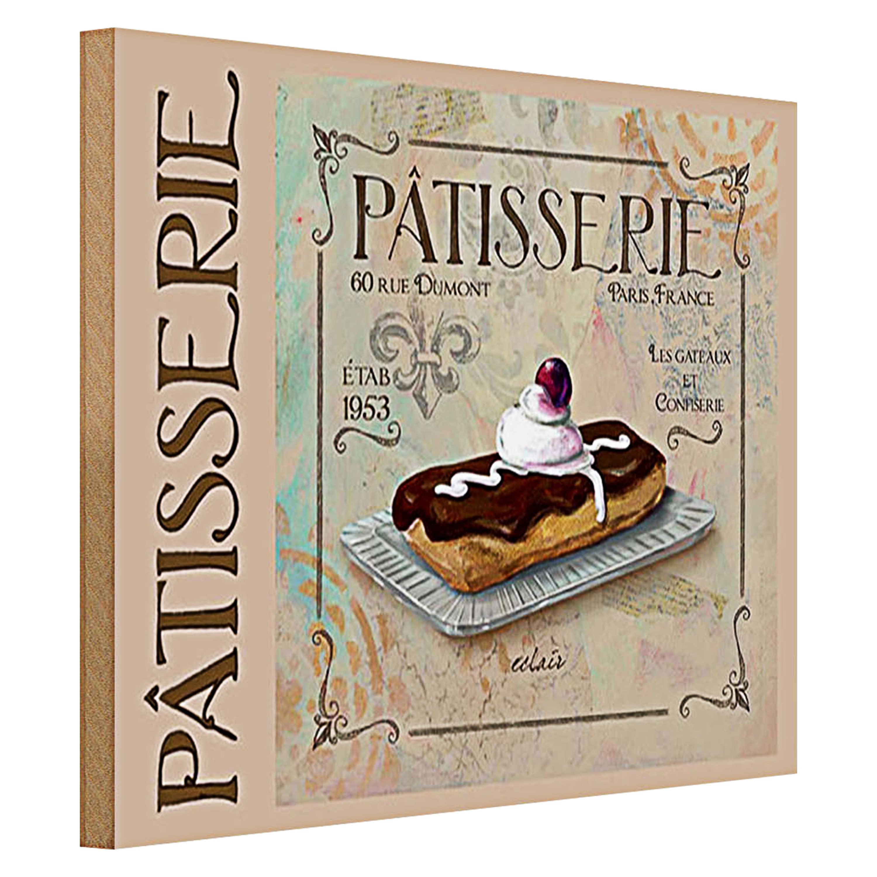 Roomando Holzbild Spruch 40x30cm Patisserie Paris eclair Kuchen