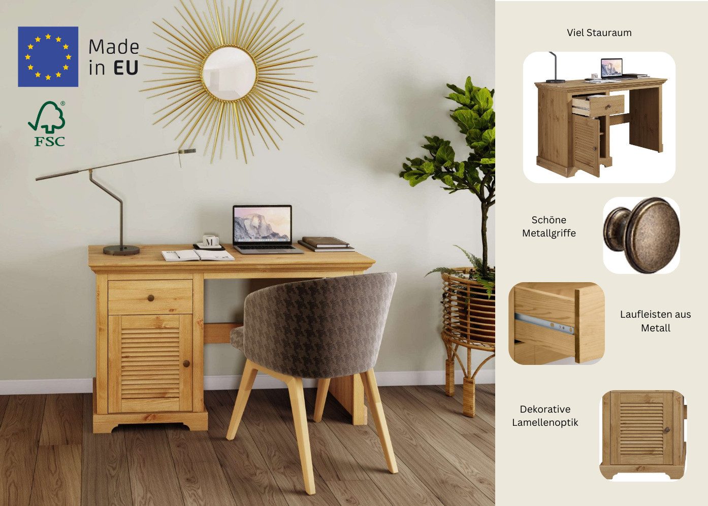 OTTO home Schreibtisch Ayanna, Massivholz, mit Schublade und Tür, Lamellenfront, Breite 130 cm