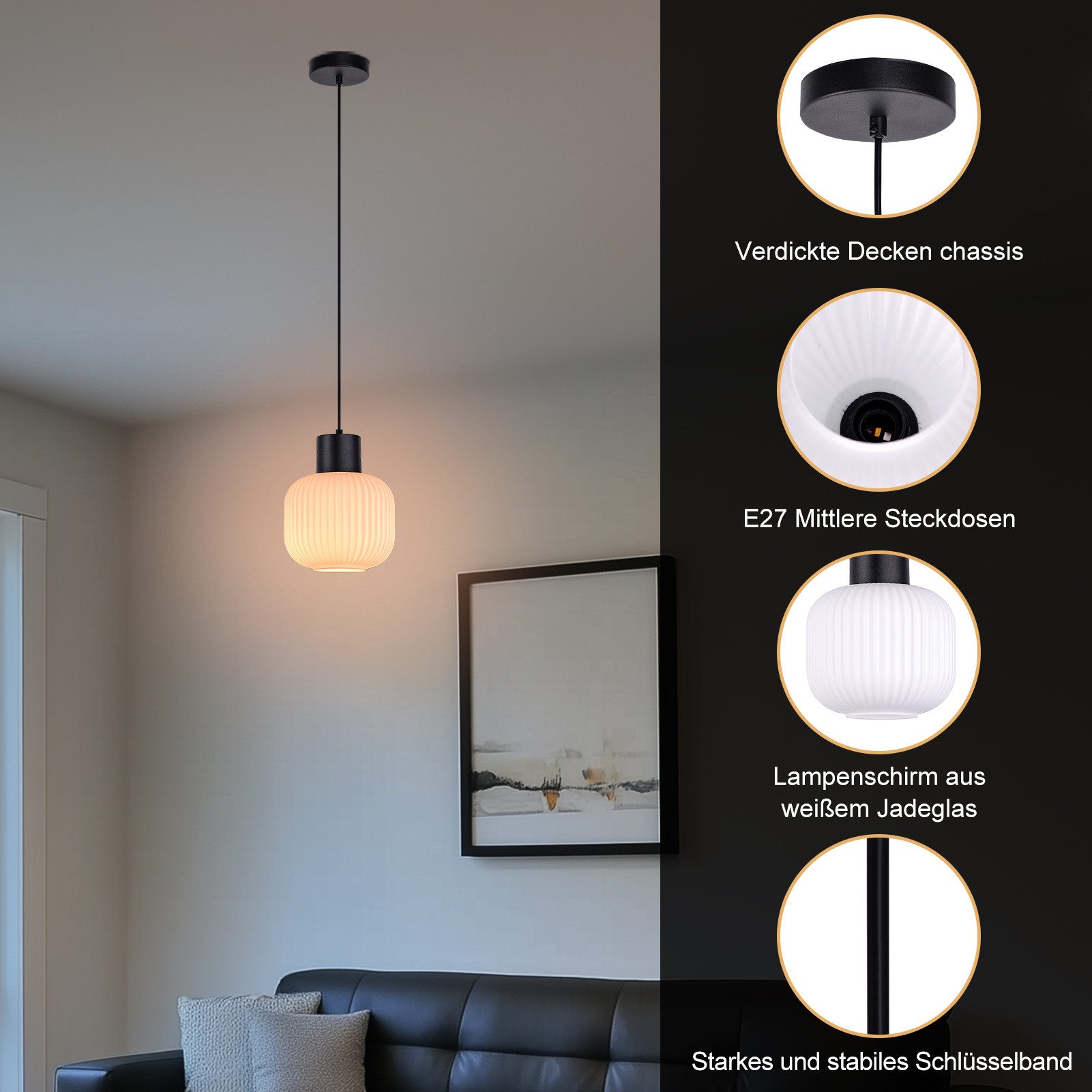 STANBOW Pendelleuchte Deckenlampe 1-Flammig Jadeglas-Struktur+Schwarz Metall Hängelampe, ohne Leuchtmittel (max.40W E27) für Esstisch/Schlafzimmer/Cafe