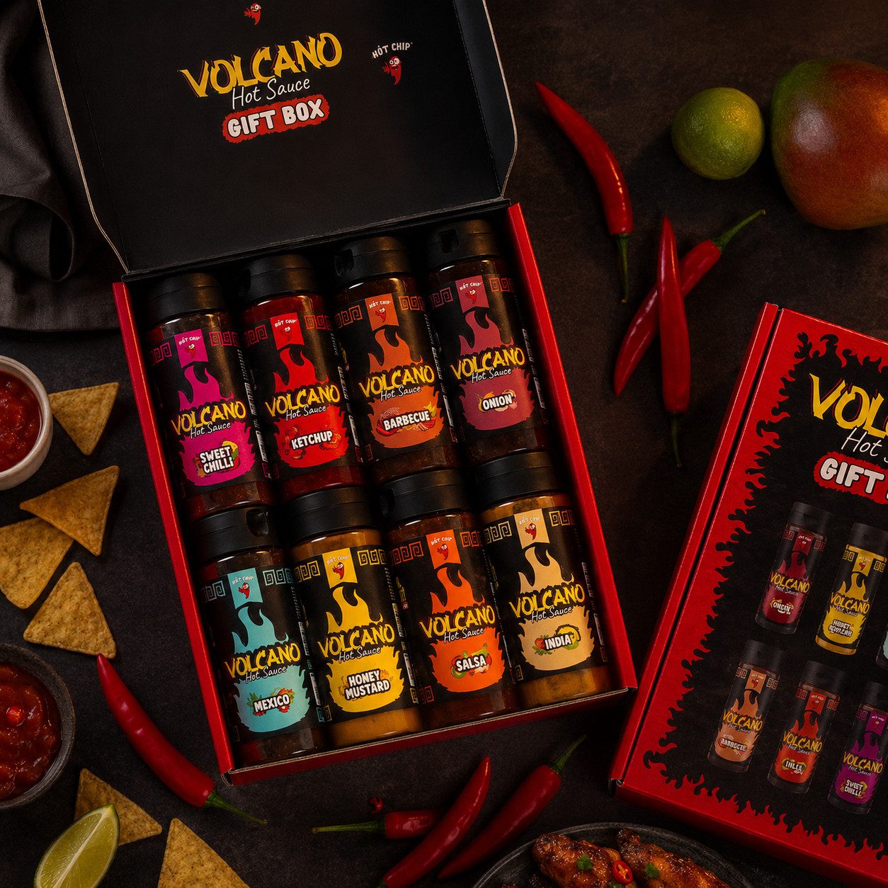 Candy & Bar Saucen HOT-CHIP Volcano Chili-Saucen Geschenkset – 8 × 270 ml