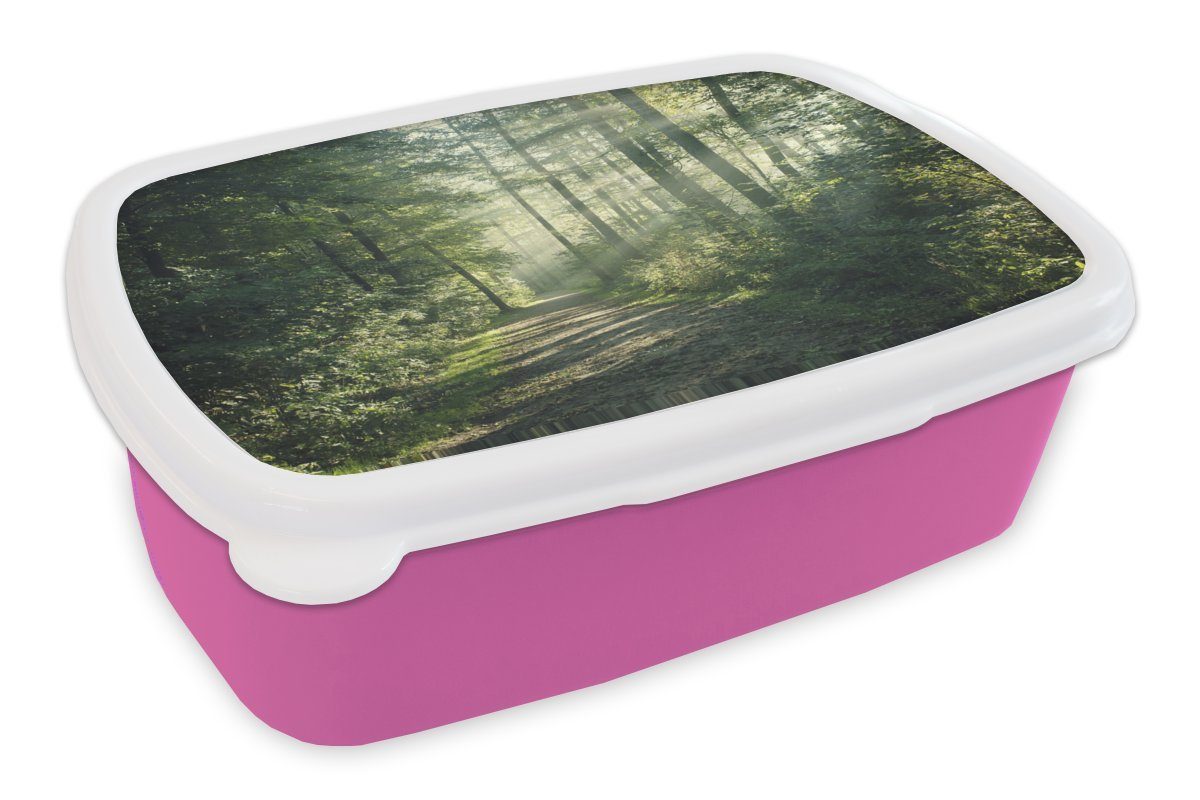 für Weg - - Kunststoff, Natur, Snackbox, Brotbox Kinder, Brotdose Lunchbox (2-tlg), Erwachsene, MuchoWow Bäume rosa - - Wald Sonne - Kunststoff Grün Mädchen,
