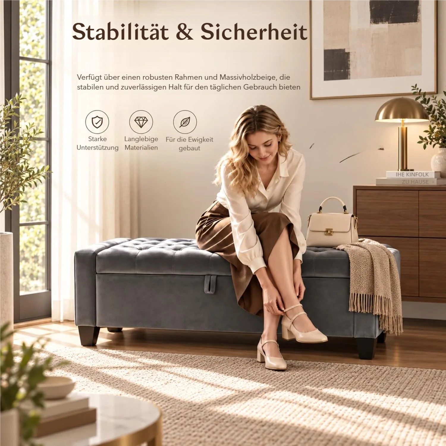 TLGREEN Bettbank Samt Sitzbank mit Stauraum,123x49x42 cm Aufbewahrungsbank, (bis 200 kg belastbar), für Wohnzimmer Schlafzimmer Flur – Bild 5 von 5