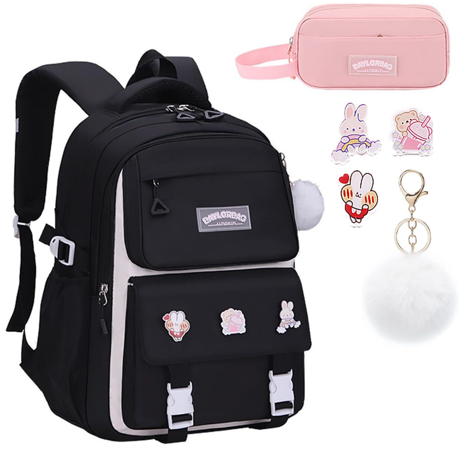 MOPUEA Schulrucksack Teenager-Schulranzen-Set, mit Stifteetui und Badge-Label (Wasserdicht Schulranzen,Unisex Geeignet für Mittelstufe-Universität, 2-tlg., für zum Schulbesuch,Einkaufen,Camping usw), Mit ergonomischem Design zur Entlastung von Schultern und Rücken