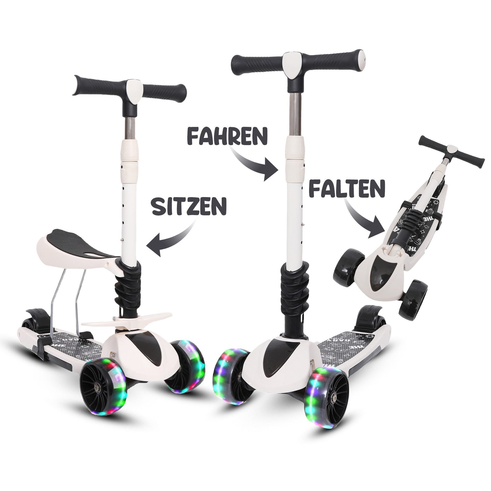 Habib Gruppe Sitzscooter 3-Rad Kinderroller mit LED Rädern & Sitz, Faltbar Höhenverstellbar