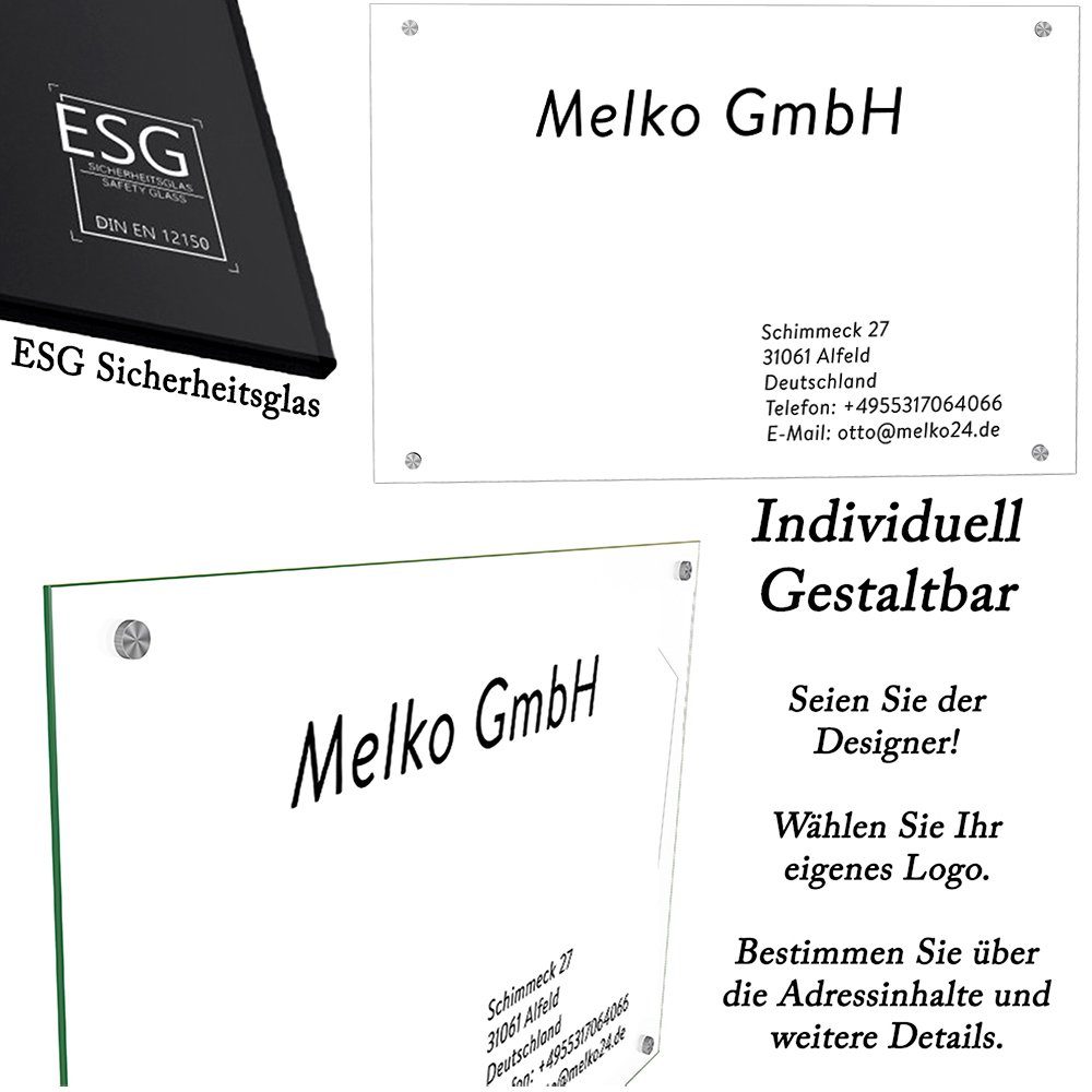 Melko Hinweisschild Praxisschild Firmenschild Werbeschild aus Sicherheitsglas in Klarglas, (Stück, Stück), Glaskanten umlaufend sauber poliert