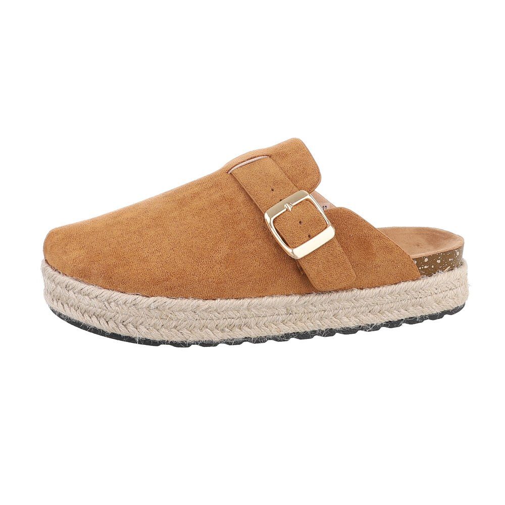 Ital-Design Damen Mules Freizeit Pantolette Flach Pantoletten in Camel