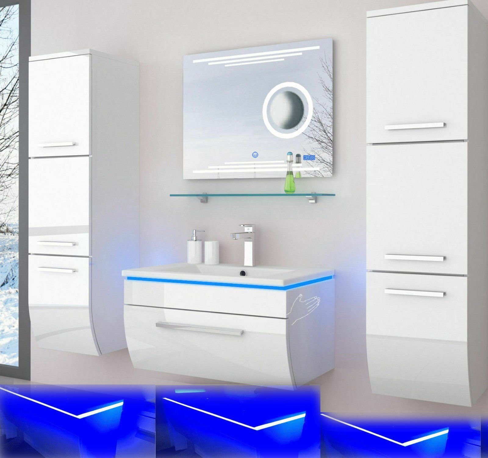 Homeline Badmöbel-Set Badmöbel Set Hochglanz 6 TLG 70 cm Weiß Led Touch Bad günstig online kaufen