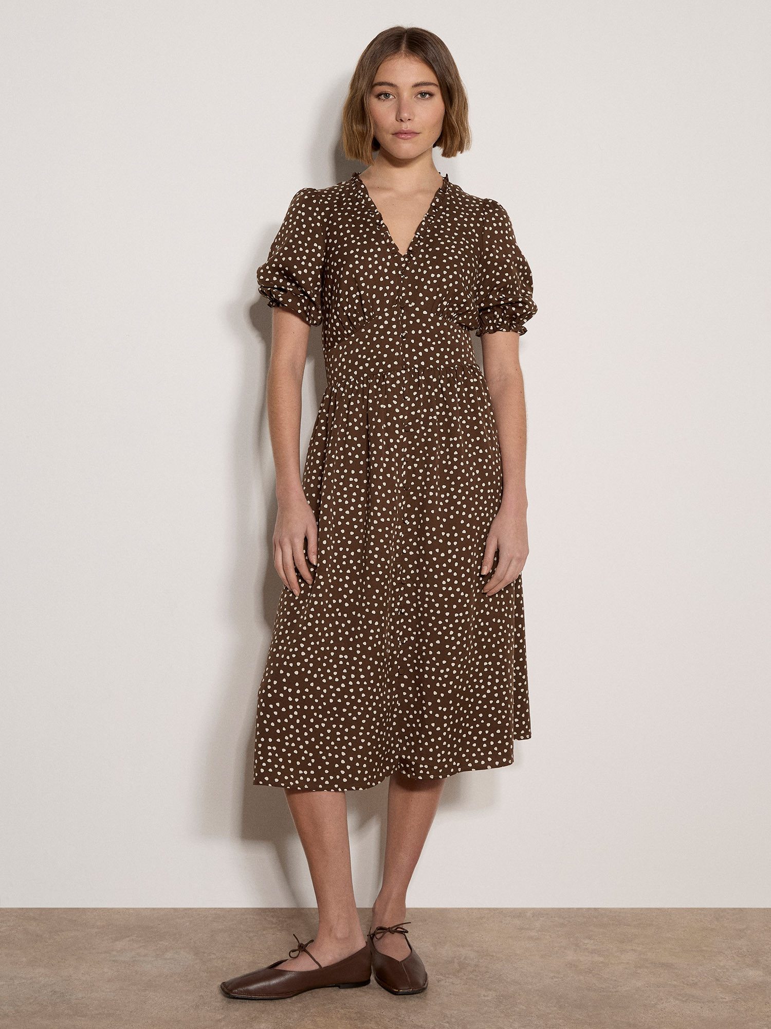Apricot Midikleid Polka-Dot Rüschenkleid Gemustert