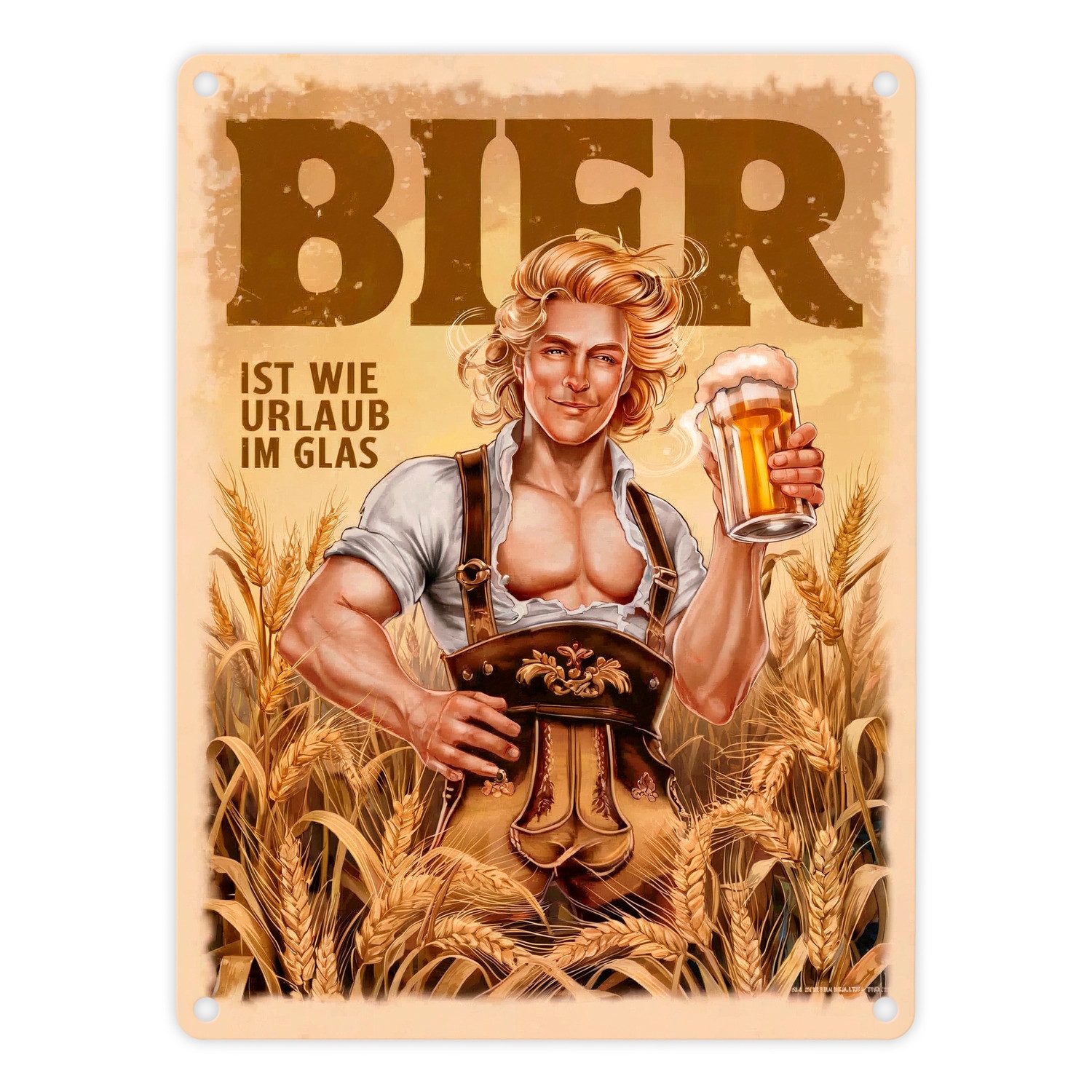 Metallschild Blonder Mann mit Bier - Urlaub im Glas Metallschild in 15x20 cm