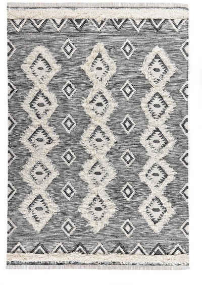 Wollteppich Mora - 14019, THEKO, rechteckig, Höhe: 10 mm, Handweb Teppich, reine Wolle, handgewebt, Rauten Design, mit Fransen