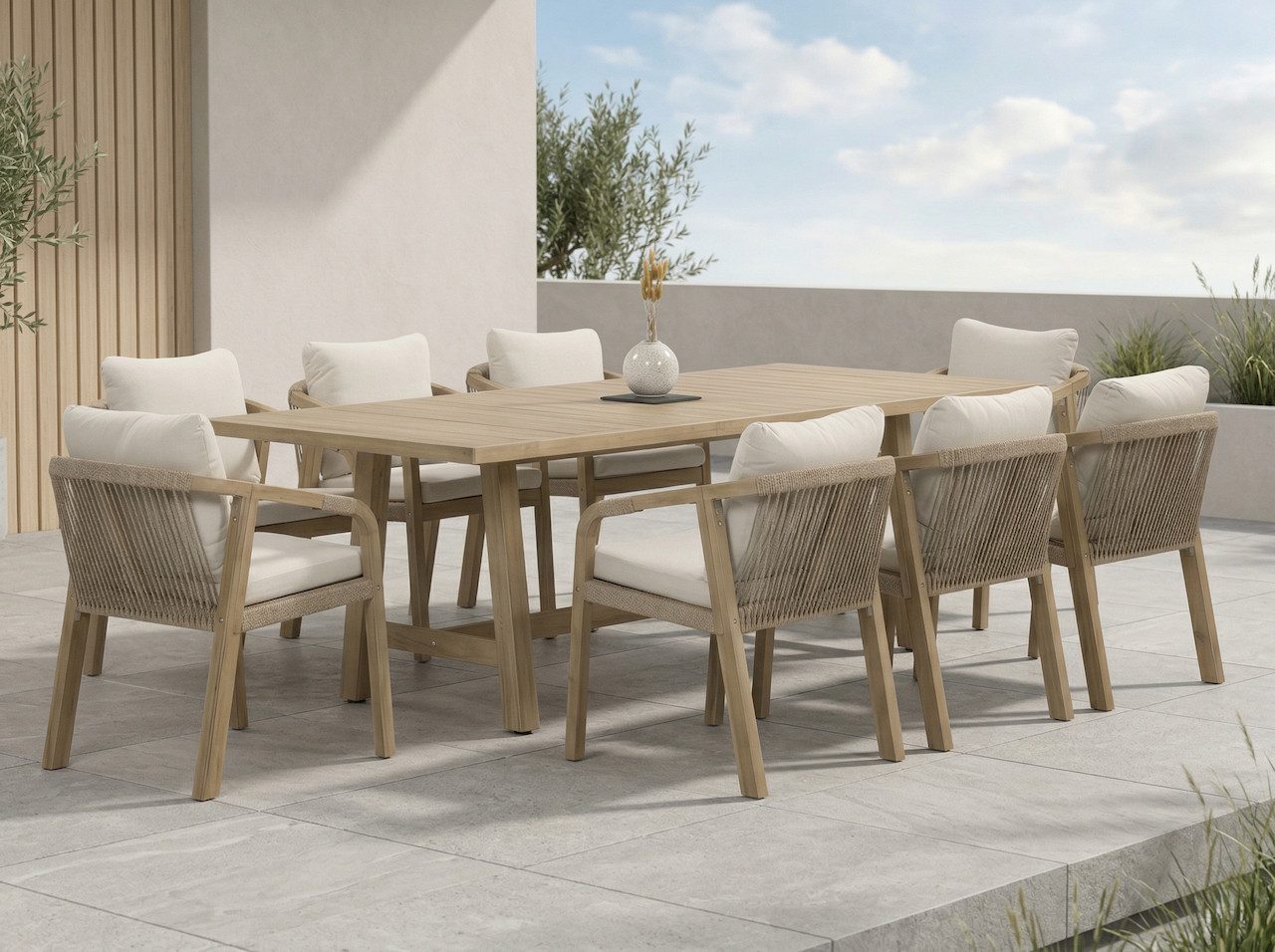 furrore Garten-Essgruppe "MARIGOLD 8+1", 8 Stühle + eckiger Tisch, handgeflochtene Rückenlehnen, (9-tlg), Akazienholz, mit Sitzkissen, Geflecht, Rope