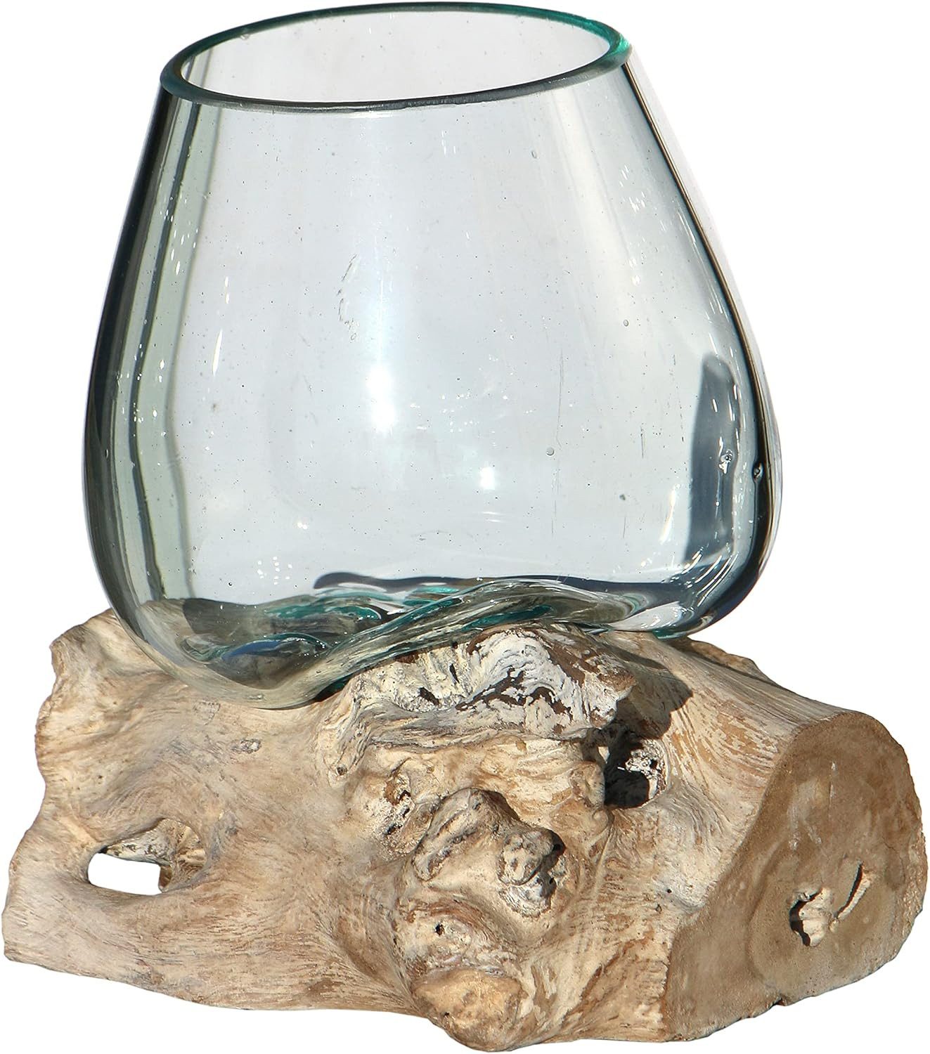 Wogeka Dekovase Glas-Vase auf weißem Wurzelholz Teakholz Gamal