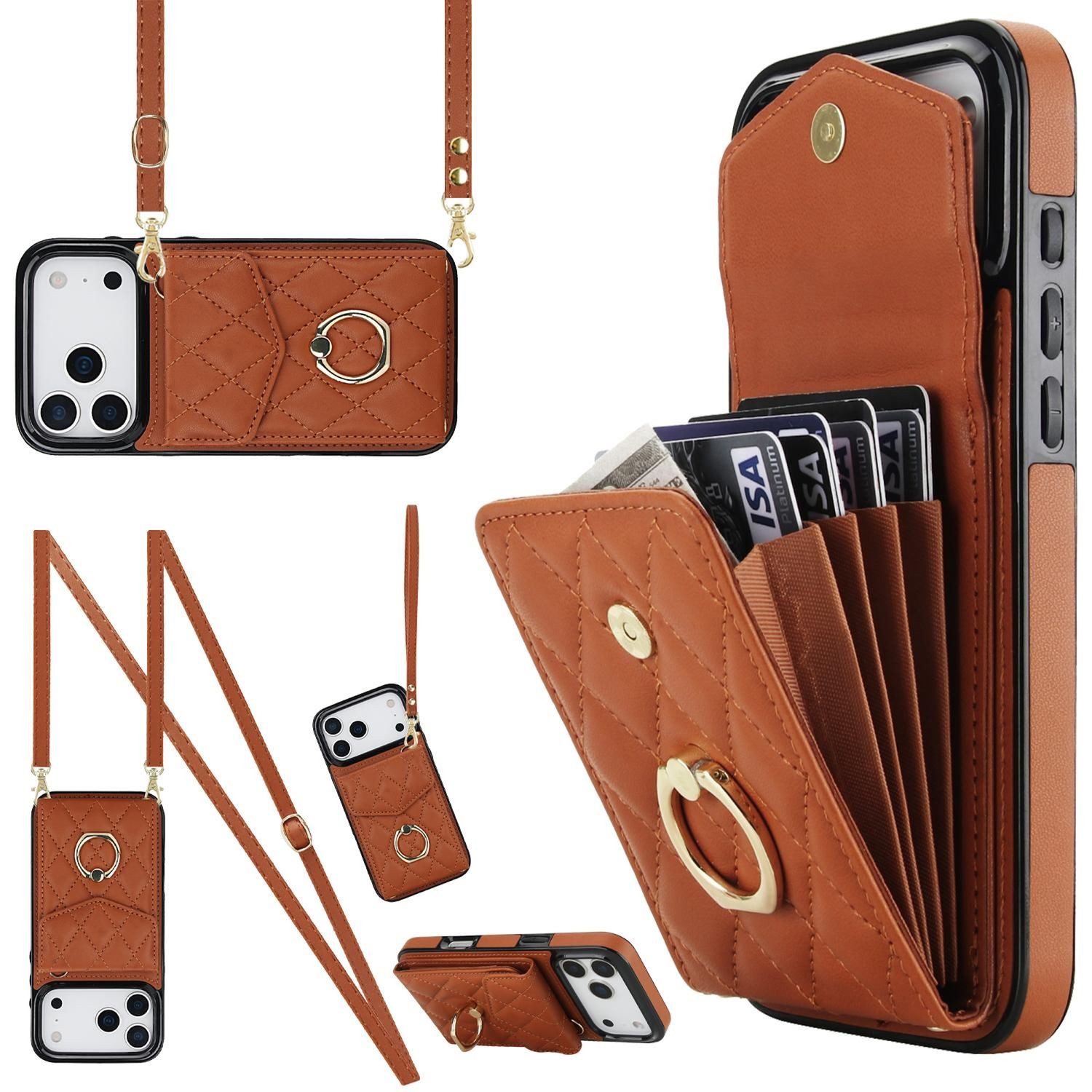 Wigento Handyhülle Für Apple iPhone 17 Pro Crossbody Kunstleder Rhombic Hülle Braun, Mit Kartenfächern, RFID-Schutz, Gurt