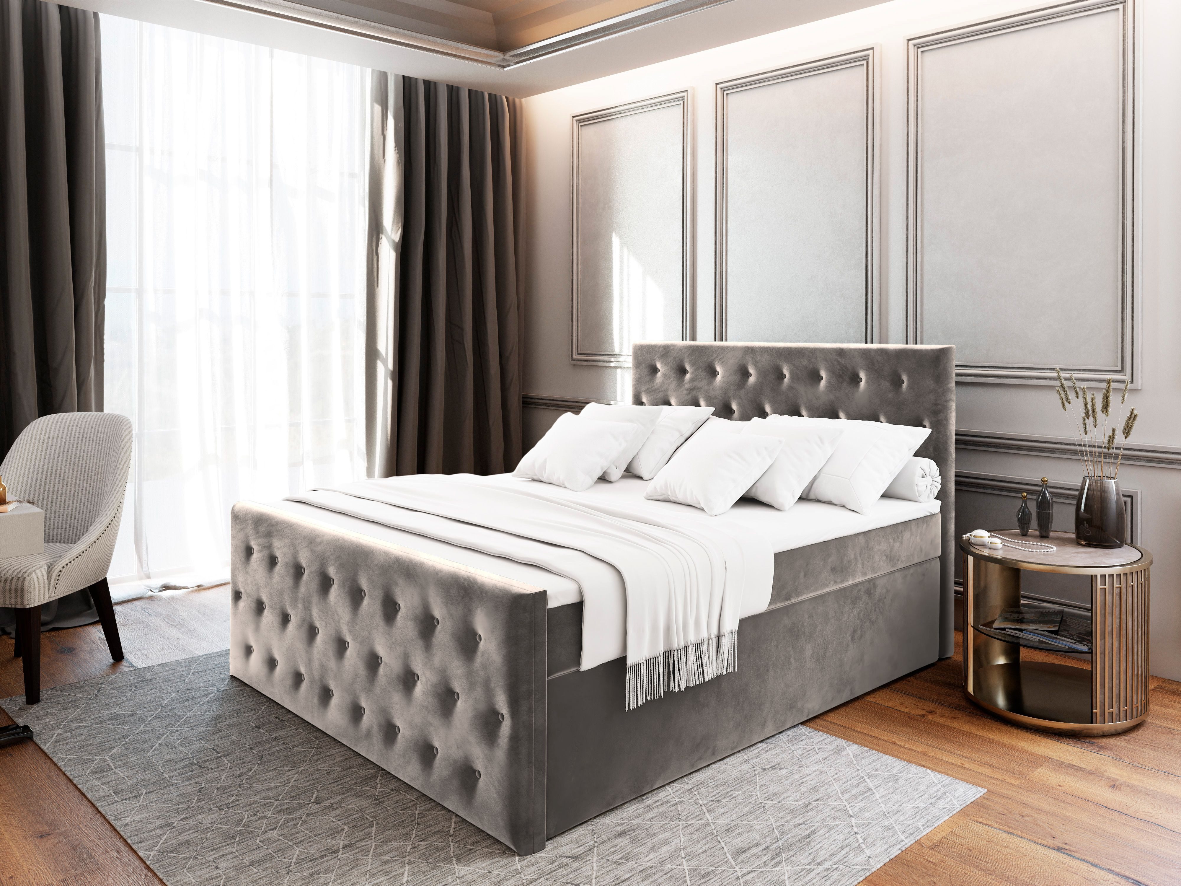 Masseno Boxbett FONDI 160x200 cm mit Bonell Matratze und Topper, Doppelbett, Polsterbett mit Kopfteil, Boxspringbett