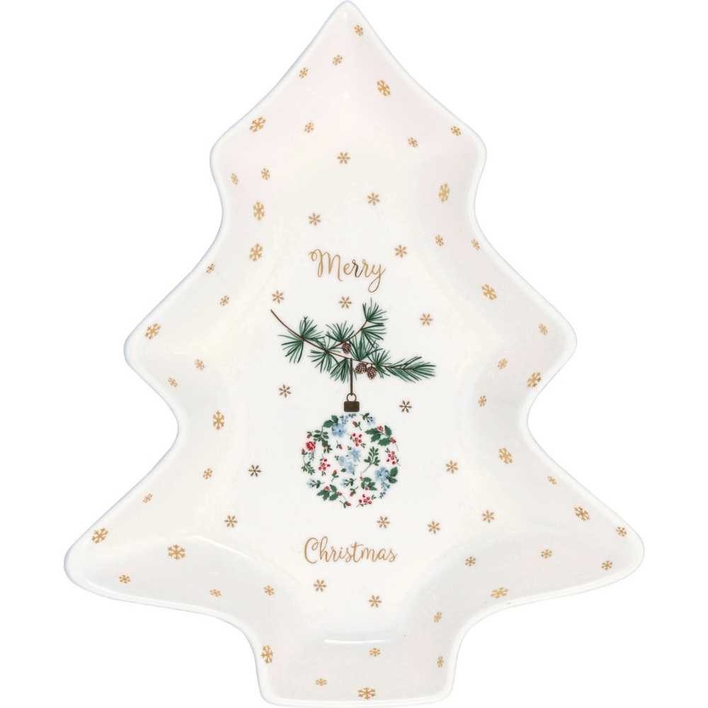Greengate Kuchenteller Greengate Teller JOELLE Tannenbaum Form mit MERRY CHRISTMAS 22x18 cm