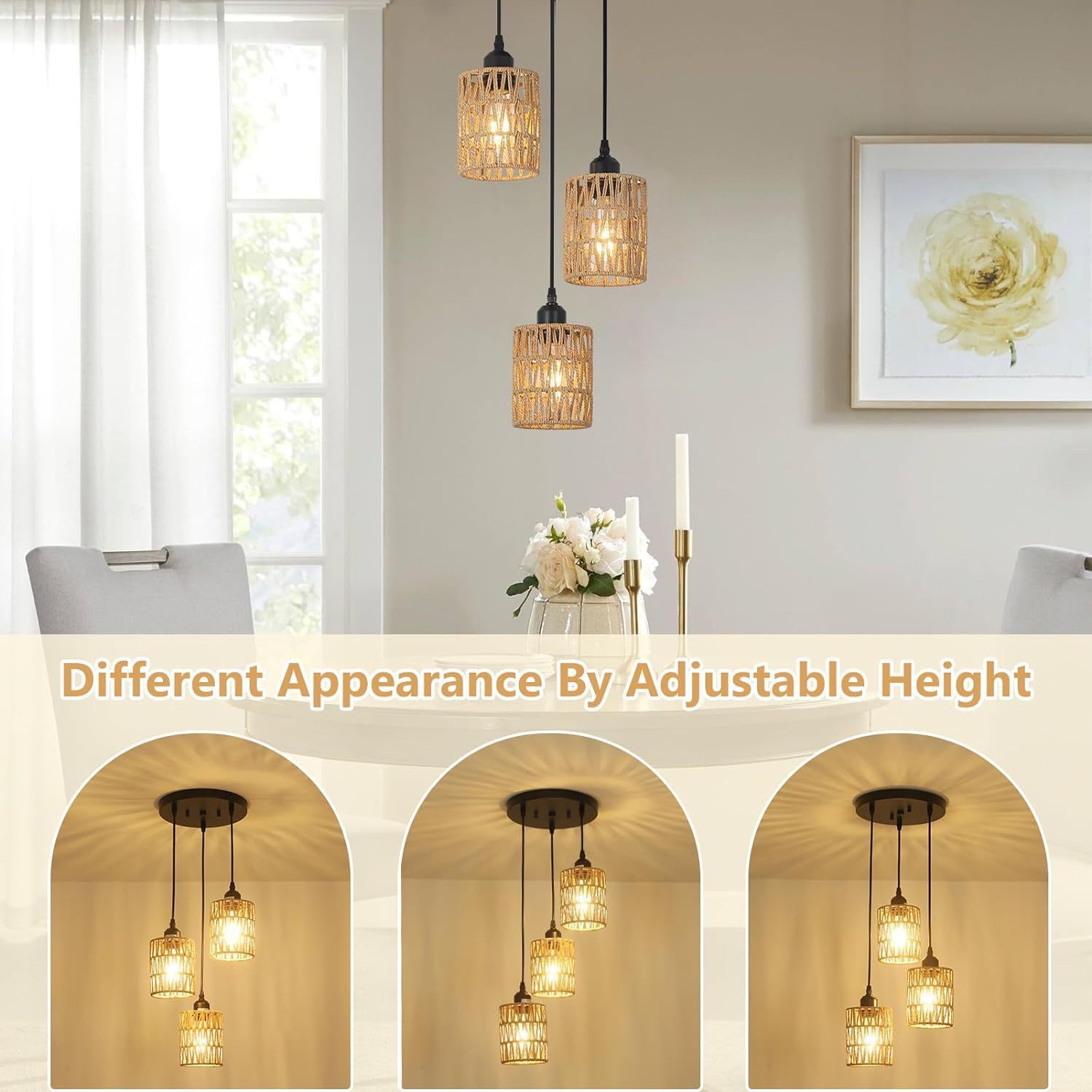 POPOLIC Pendelleuchte Boho Rattan Hängeleuchte 1/3-flammige, Deckenleuchten Wohnzimmer, mit 3 Glühbirne-Warmes Weiß, LED fest integriert, Boho Natur Wohnzimmer Esszimmerlampe
