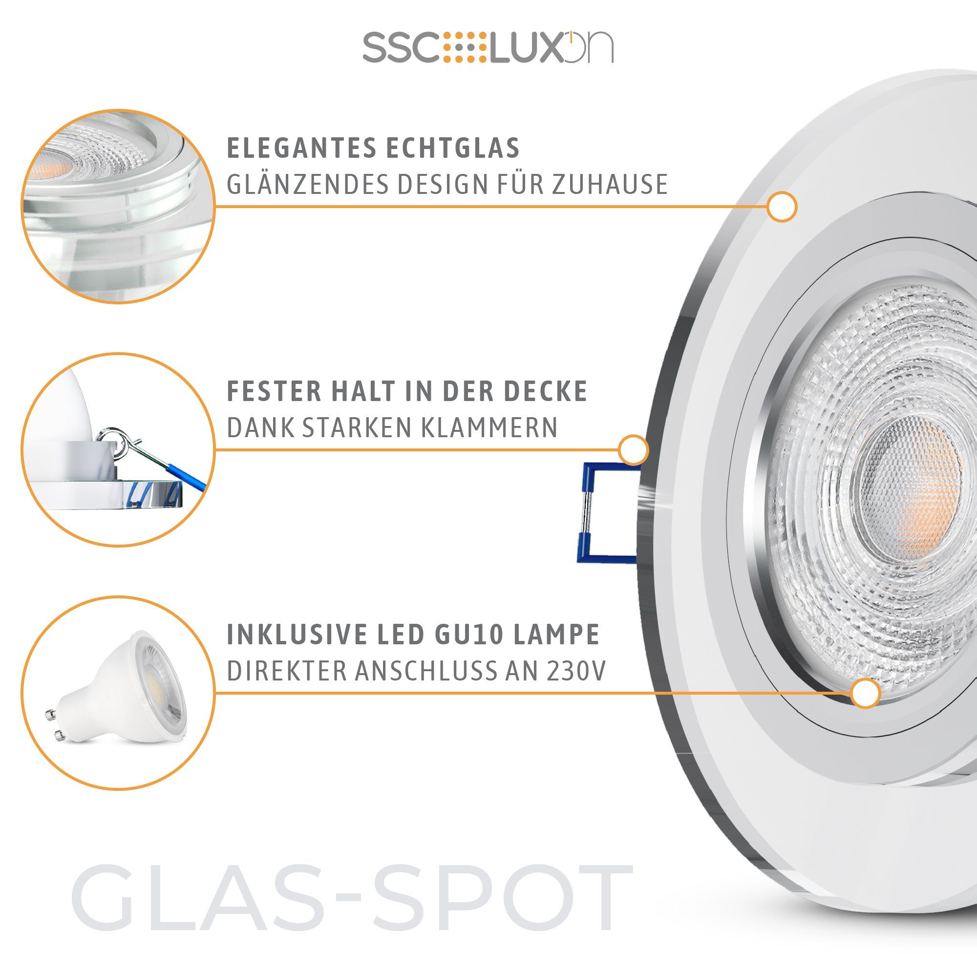 SSC-LUXon LED Design LED Warmweiß GU10 LED in klar Lampe, Einbaustrahler Einbauleuchte mit Glas rund