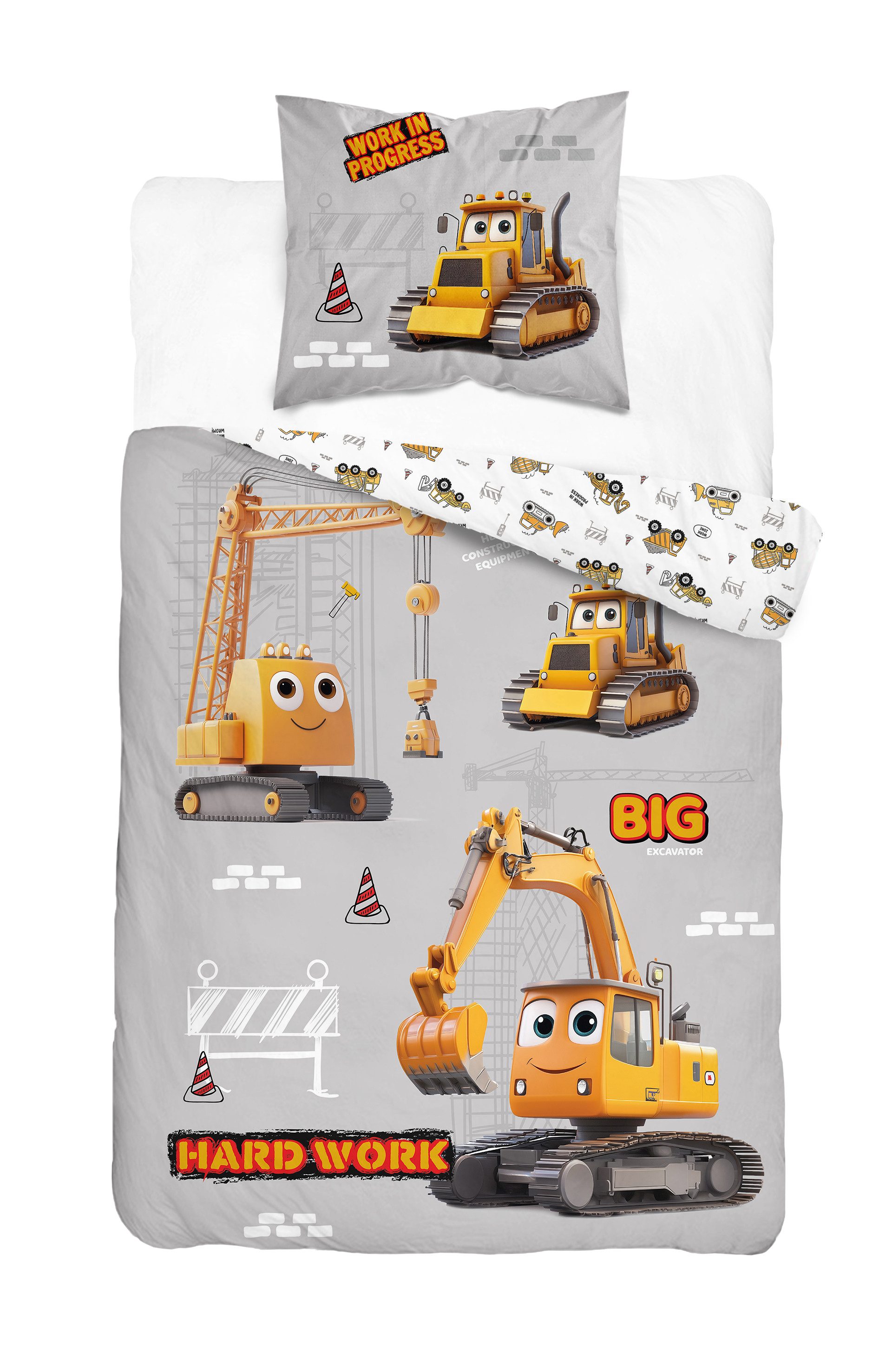 Kinderbettwäsche Set Baustelle 100% Baumwolle, Größe: 140x200 cm, 70x80 cm