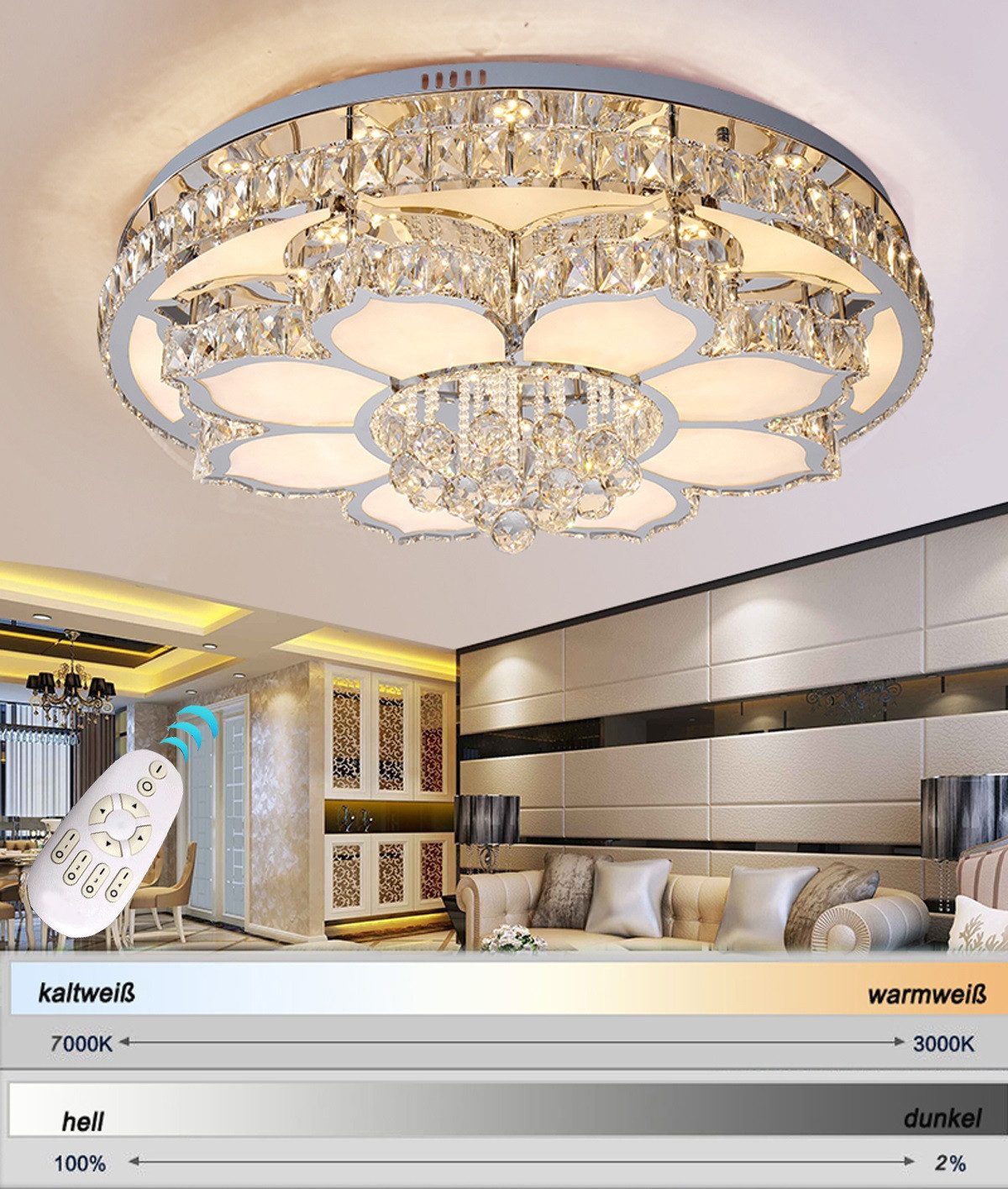 Eurohandisplay LED Deckenleuchte LED Pendelleuchte Kristall Fernbedienung Deckenleuchte Deckenlampen, LED fest integriert, Warmweiß bis Kaltweiß, Modern Kristal – Bild 5 von 5