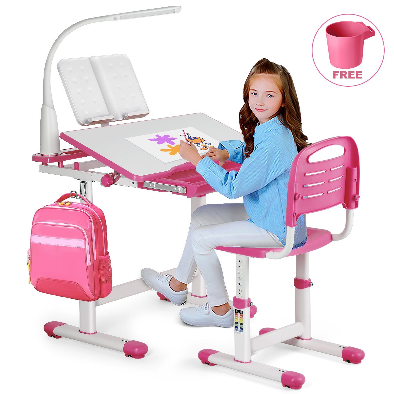 JOYLDIAS Kinderschreibtisch Schülerschreibtisch höhenverstellbar mit Lampe Stuhl und Schublade, Tischgröße: 66,4 x 49 x (54 - 76) cm Rosa