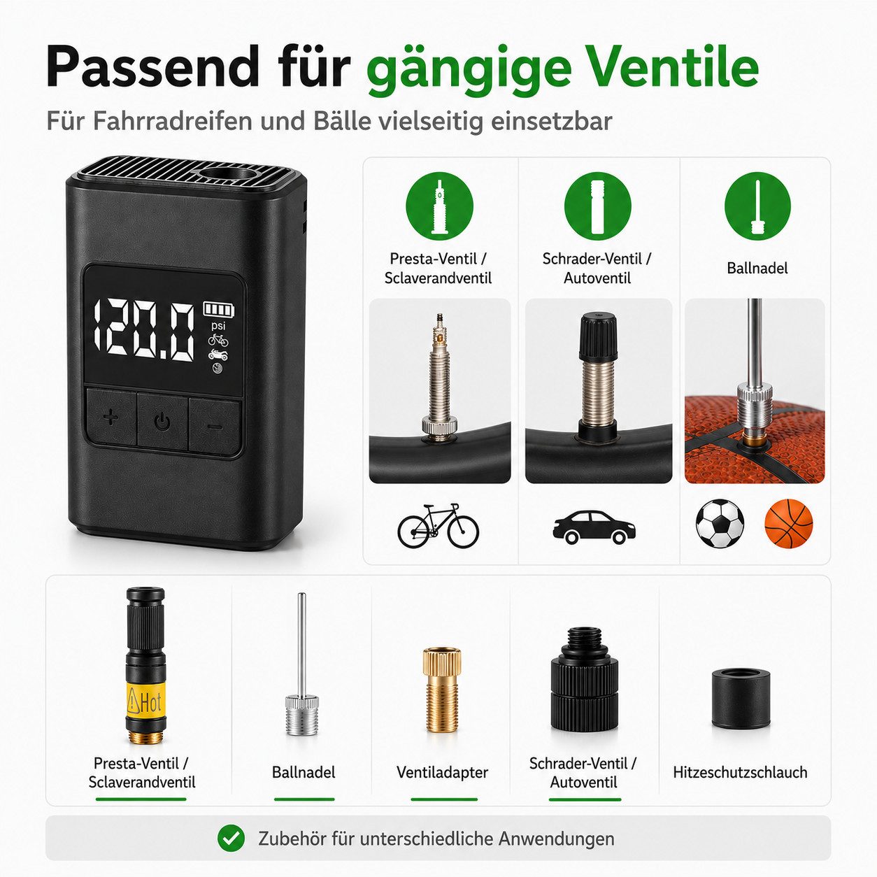 Tekoo Akku-Luftpumpe Elektrische Fahrradpumpe 120 PSI, Akku Mini Kompressor USB-C (Set, Mit Zubehör), Ultra-kompakt (160g), bürstenloser Motor, digitaler Reifendruckprüfer