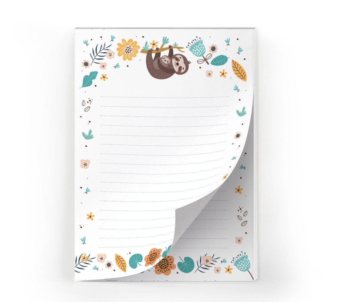 JUNAPACK Briefpapier Set Kinder Briefblock A5 mit Umschlägen Notizblock Papier Faultier, Kinder-Briefpapier A5 mit 15 Umschlägen, liniert & leicht beschreibbar