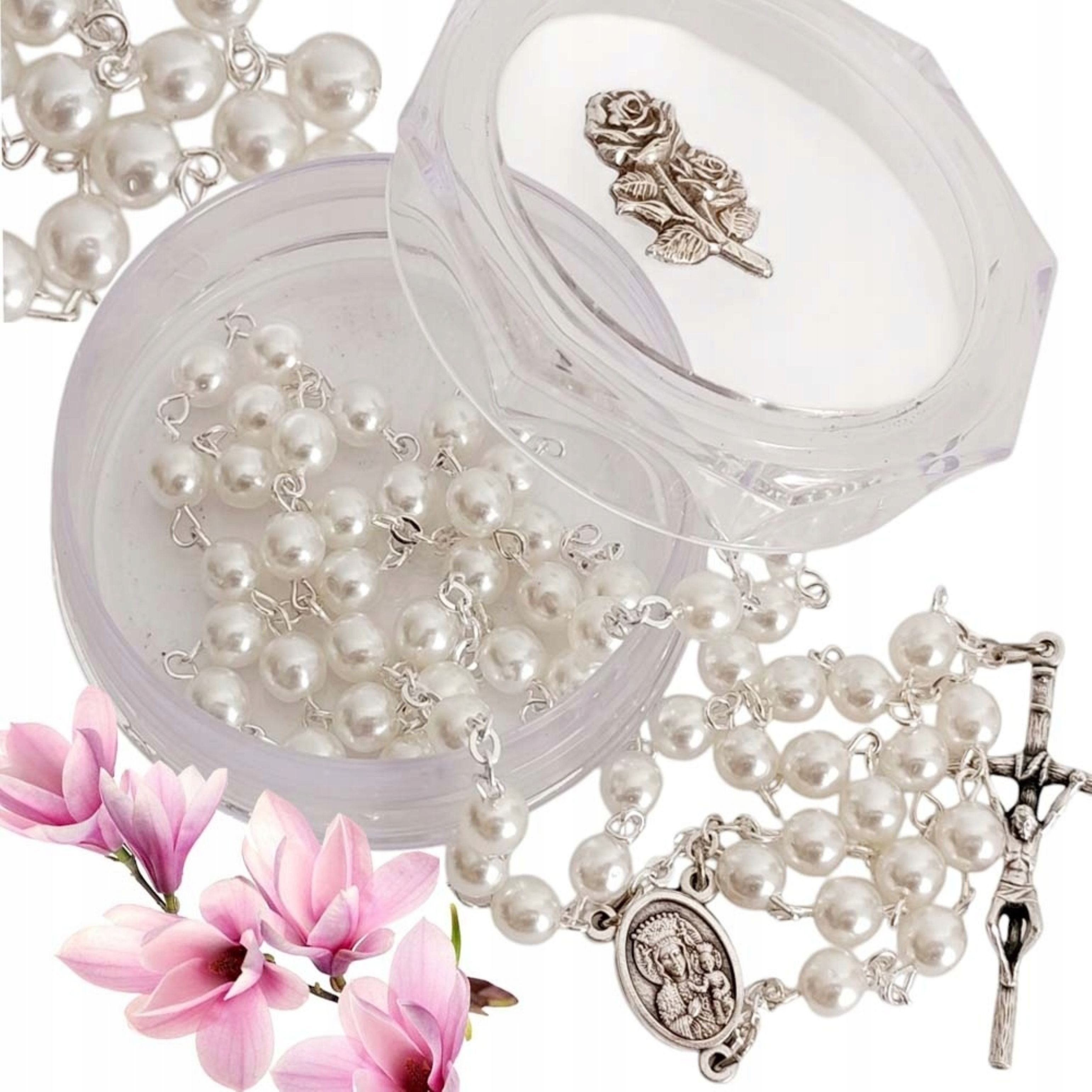 Festivalartikel Schmuckset Rosenkranz Weiß Perlen Kommunion mit Etui & italienischen Elementen (1-tlg)