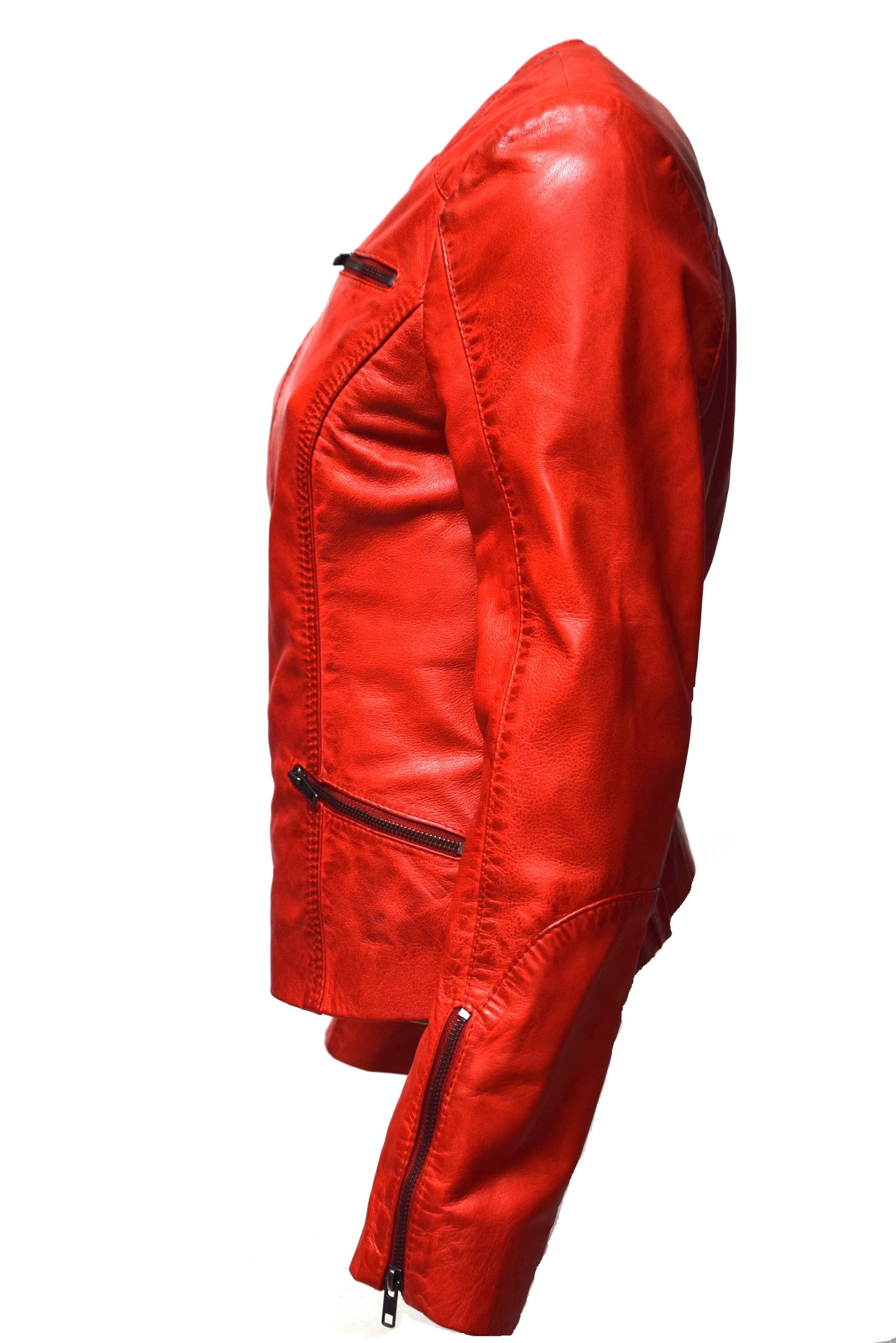 Zimmert Leather Lederjacke Kim Kragenlos, Leder und rot leichtes weiches