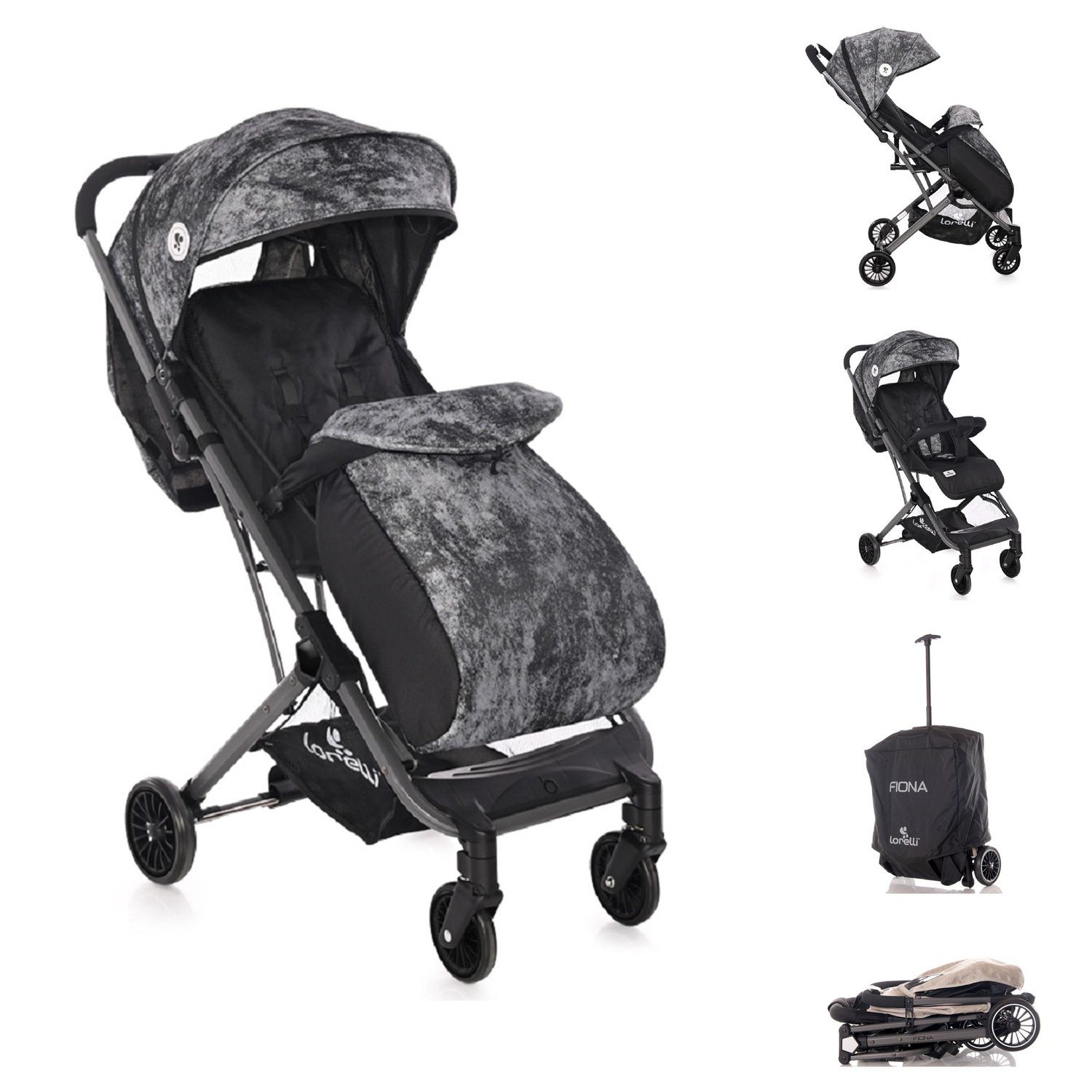 Lorelli Kinder-Buggy Kinderwagen, schwarz Sonnenschutz Fußsack, Buggy Fiona, Einkaufskorb Moskitonetz